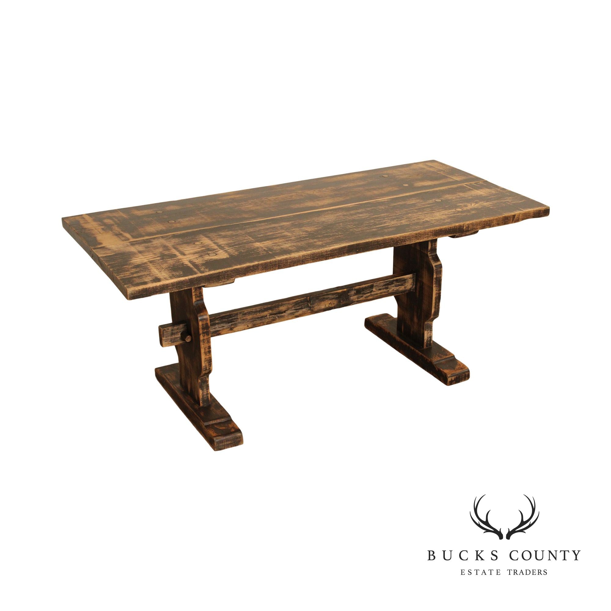 Custom Crafted Farmhouse Aged and Distressed Oak Trestle Dining Table