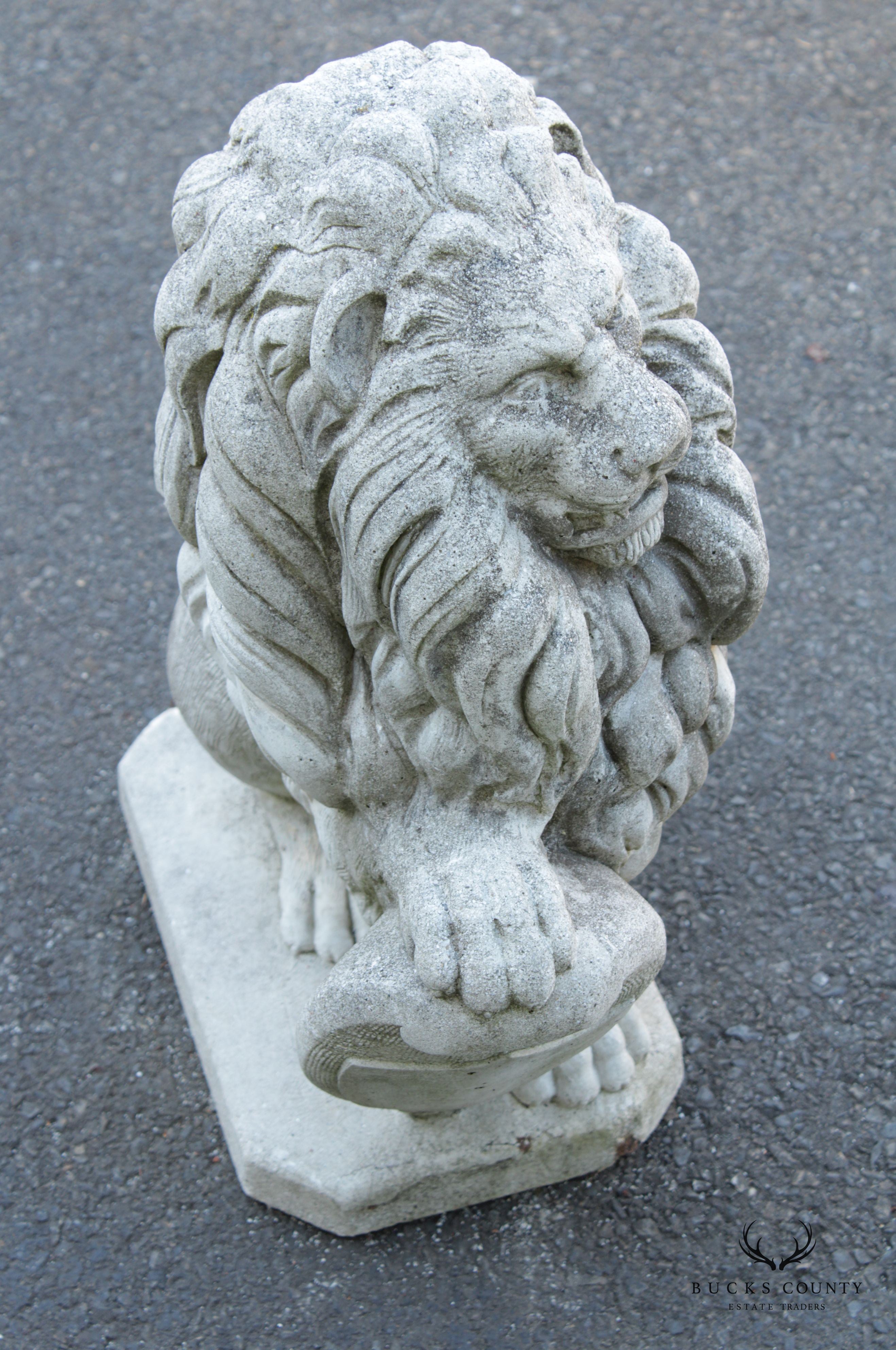 Vintage Cast Stone Lion with Shield Garden Statue