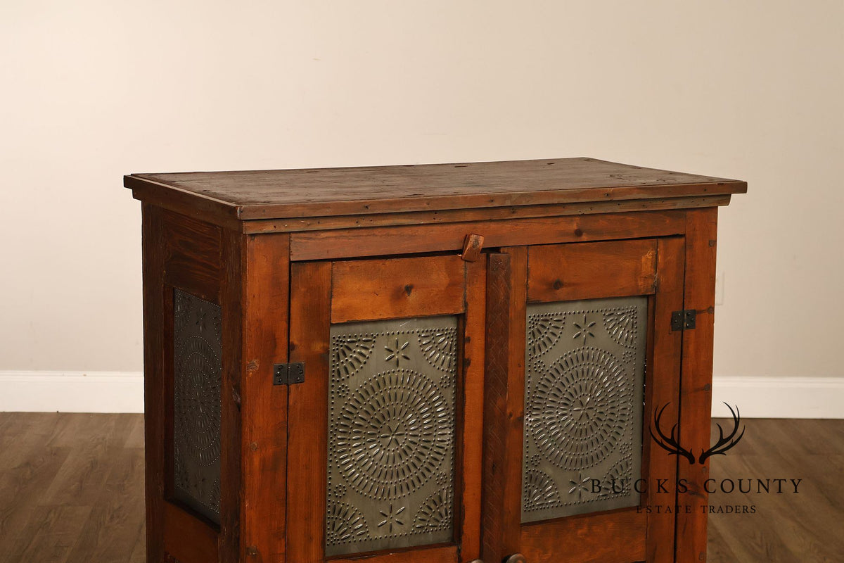 Antique American Country Pine Pie Safe Cabinet With Punched Tin Panels