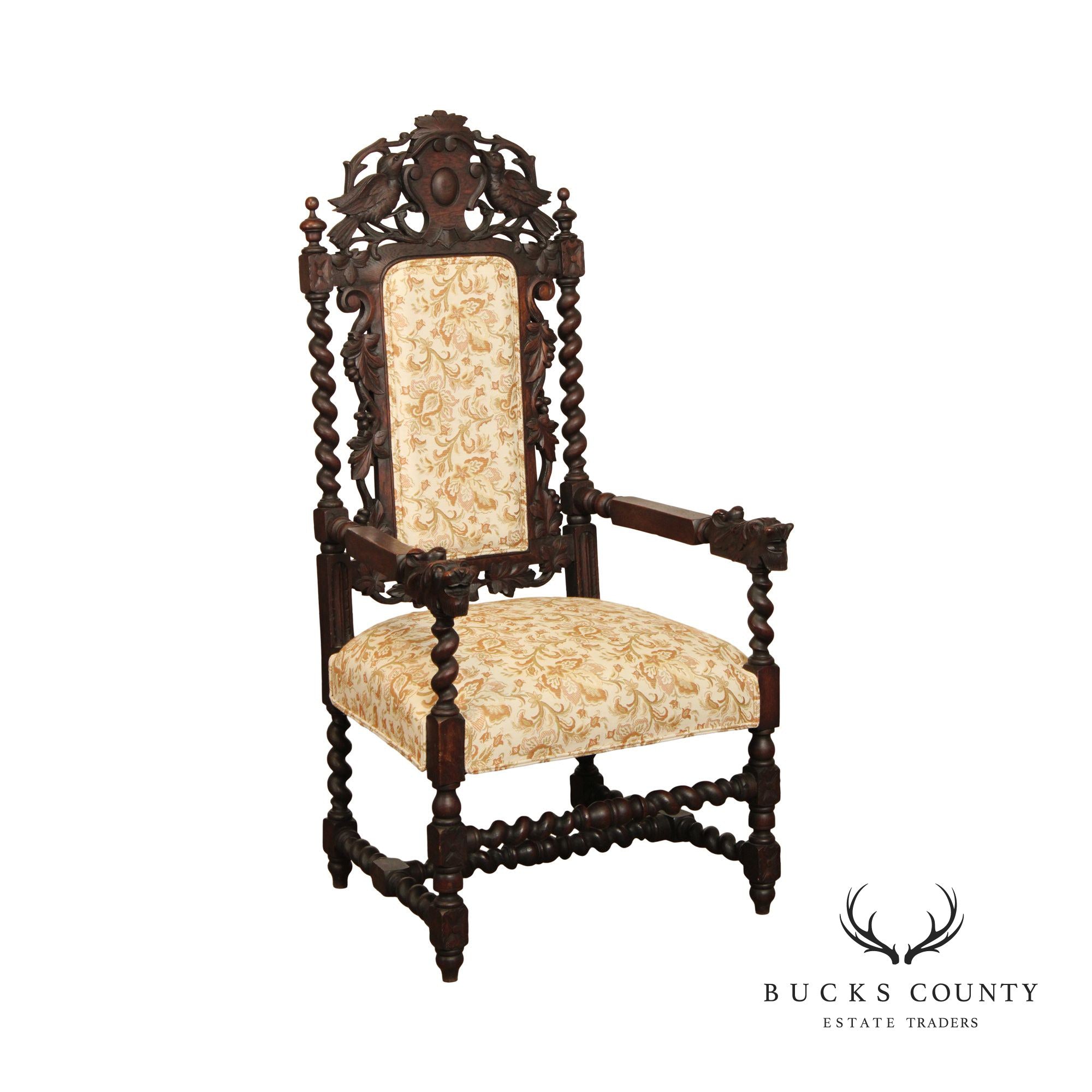 Renaissance Revival Antique Carved Oak Throne Armchair