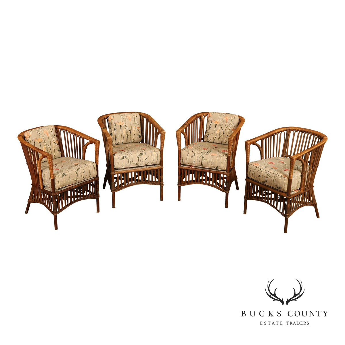 Antique Set Of Four Split Reed Rattan Armchairs With Floral Cushions