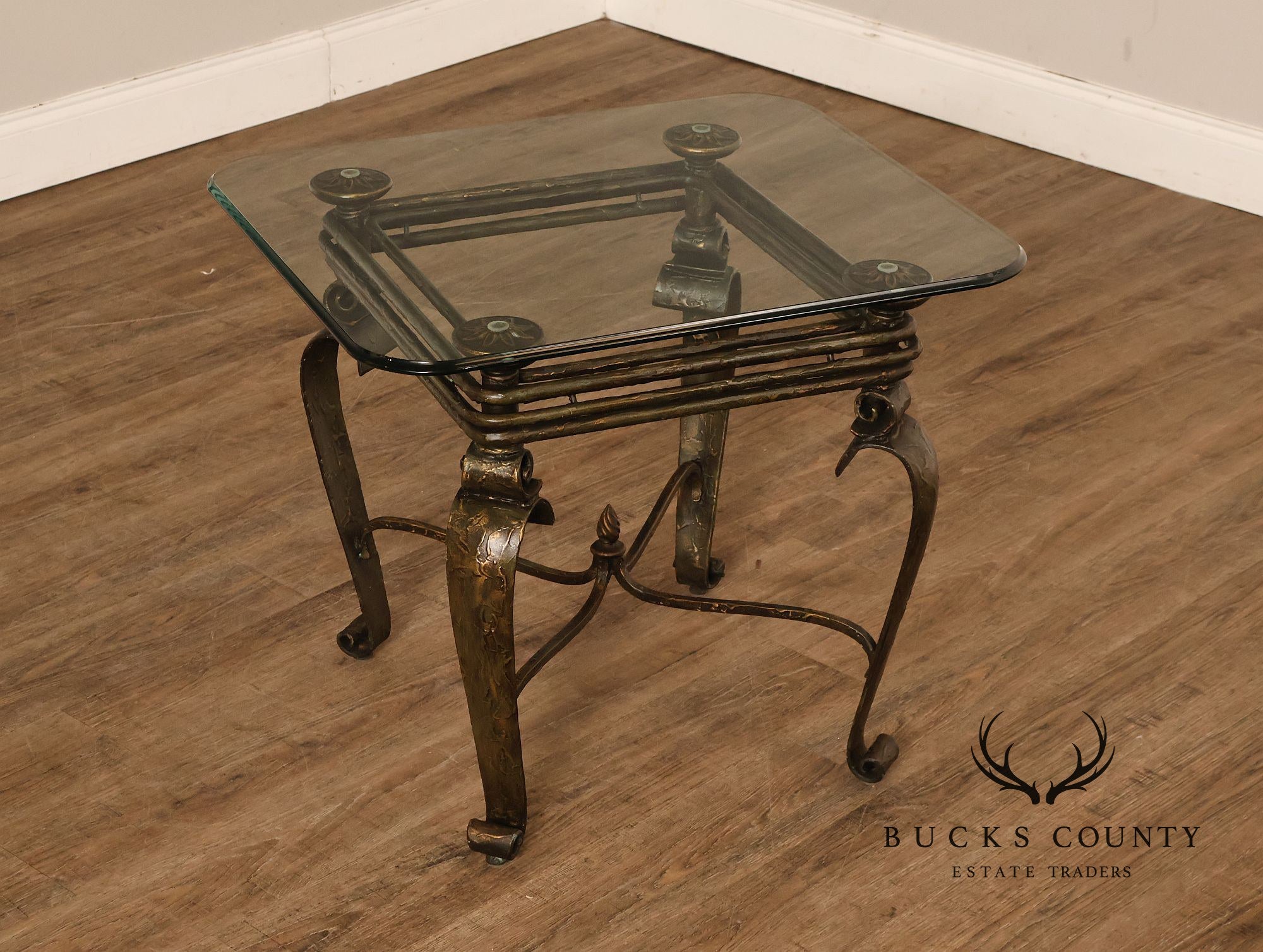 Neoclassical Revival Glass Top Metal Accent Table