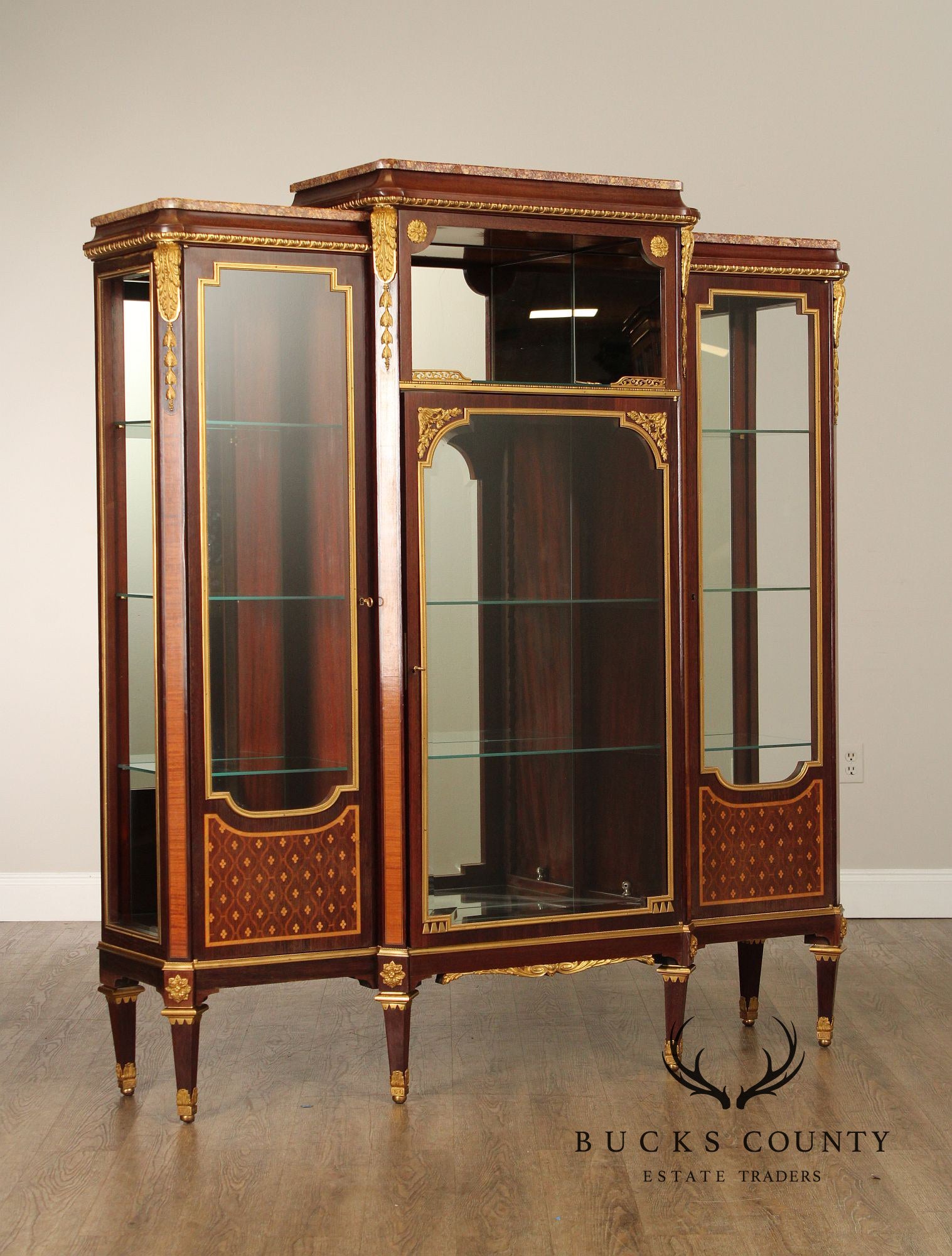 Fine French Louis XVI Style Gilt Bronze Mounted Mahogany Triple Vitrine