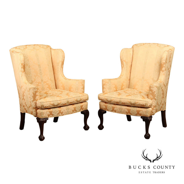 Georgian Style Pair of Carved Mahogany Wing Chairs