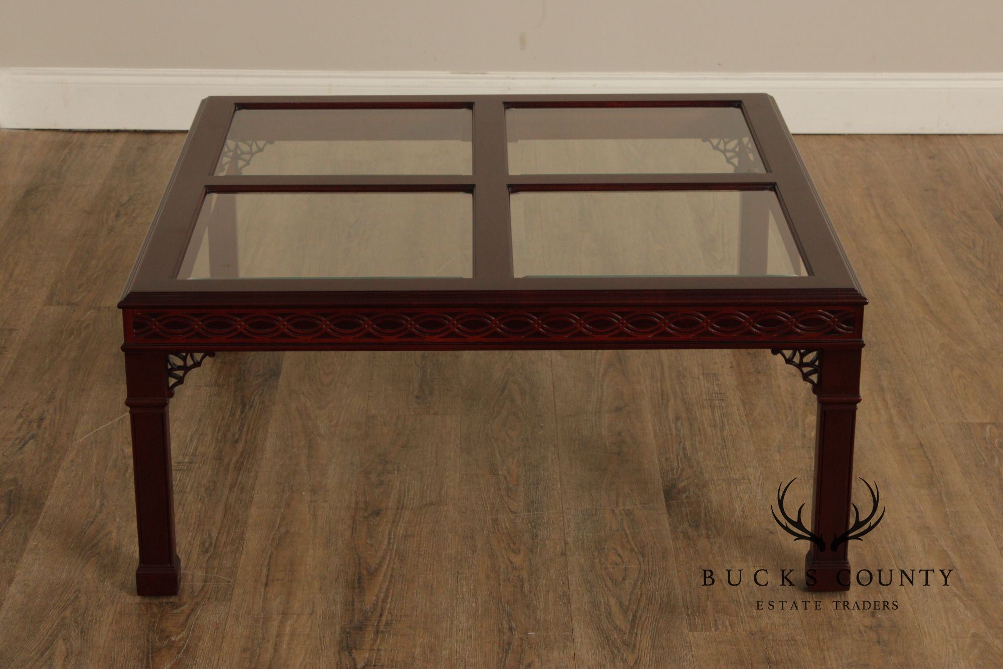 Kindel Chinese Chippendale Style Glass Top Mahogany Coffee Table