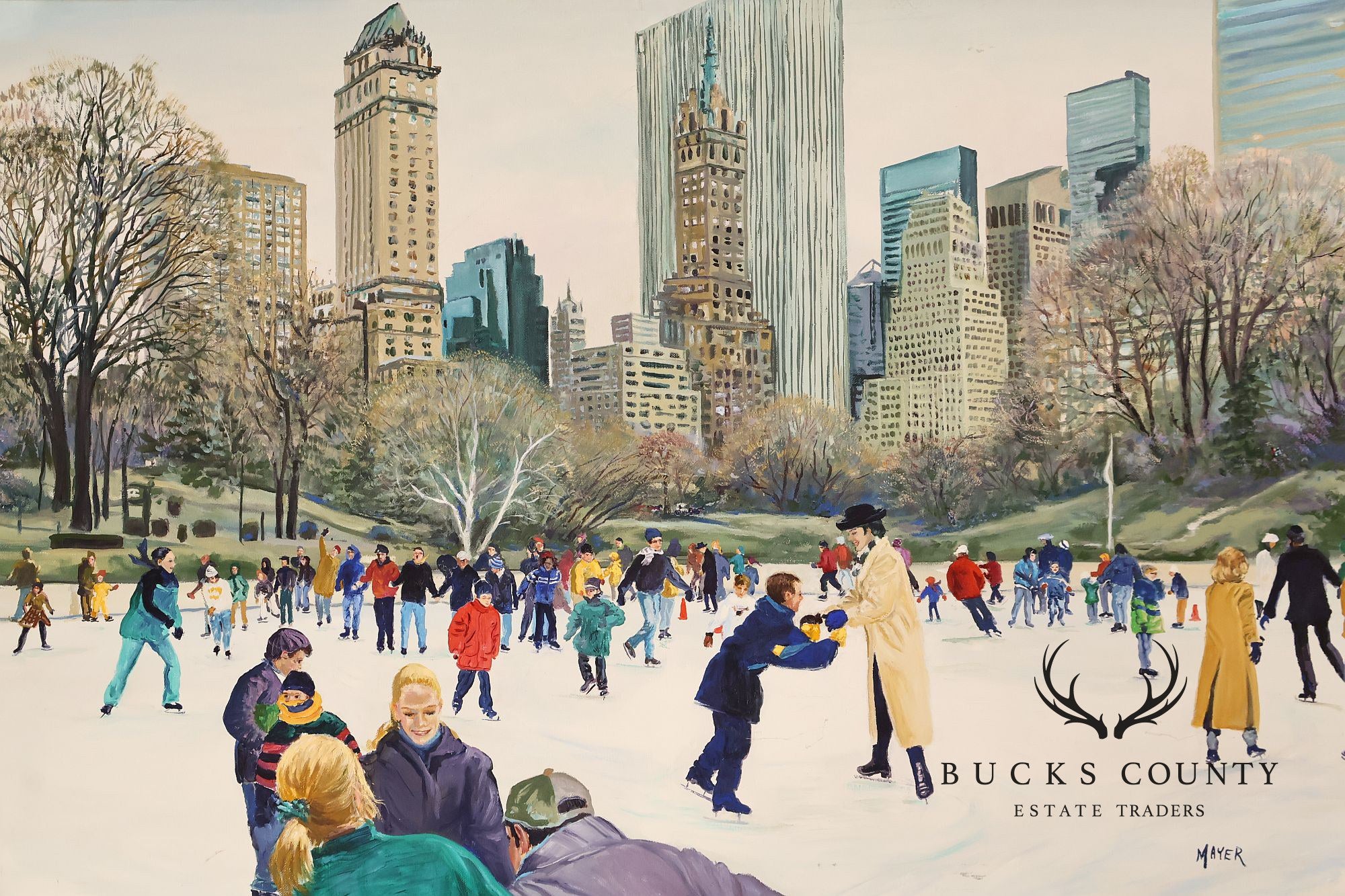 Ruth Mayer Central Park Ice Skating Landscape Original Oil Painting On Canvas