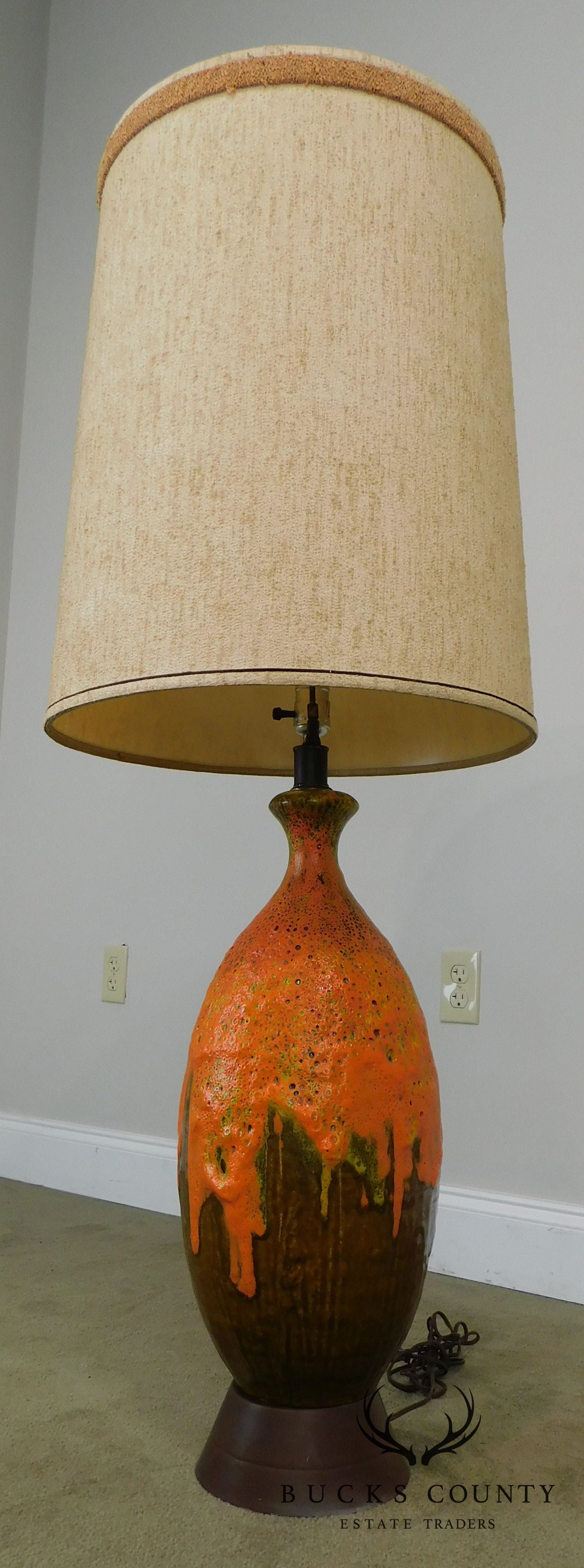 Mid Century Orange Lava Drip Glaze Ceramic Pottery Table Lamp