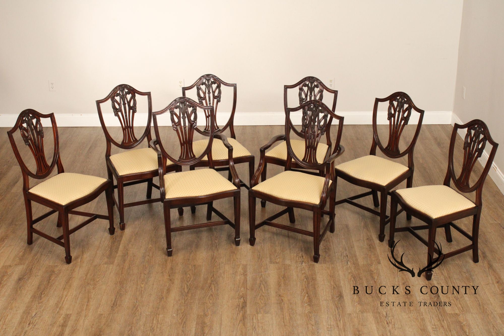George III Style Quality Set Of Eight Carved Mahogany Shield Back Dining Chairs