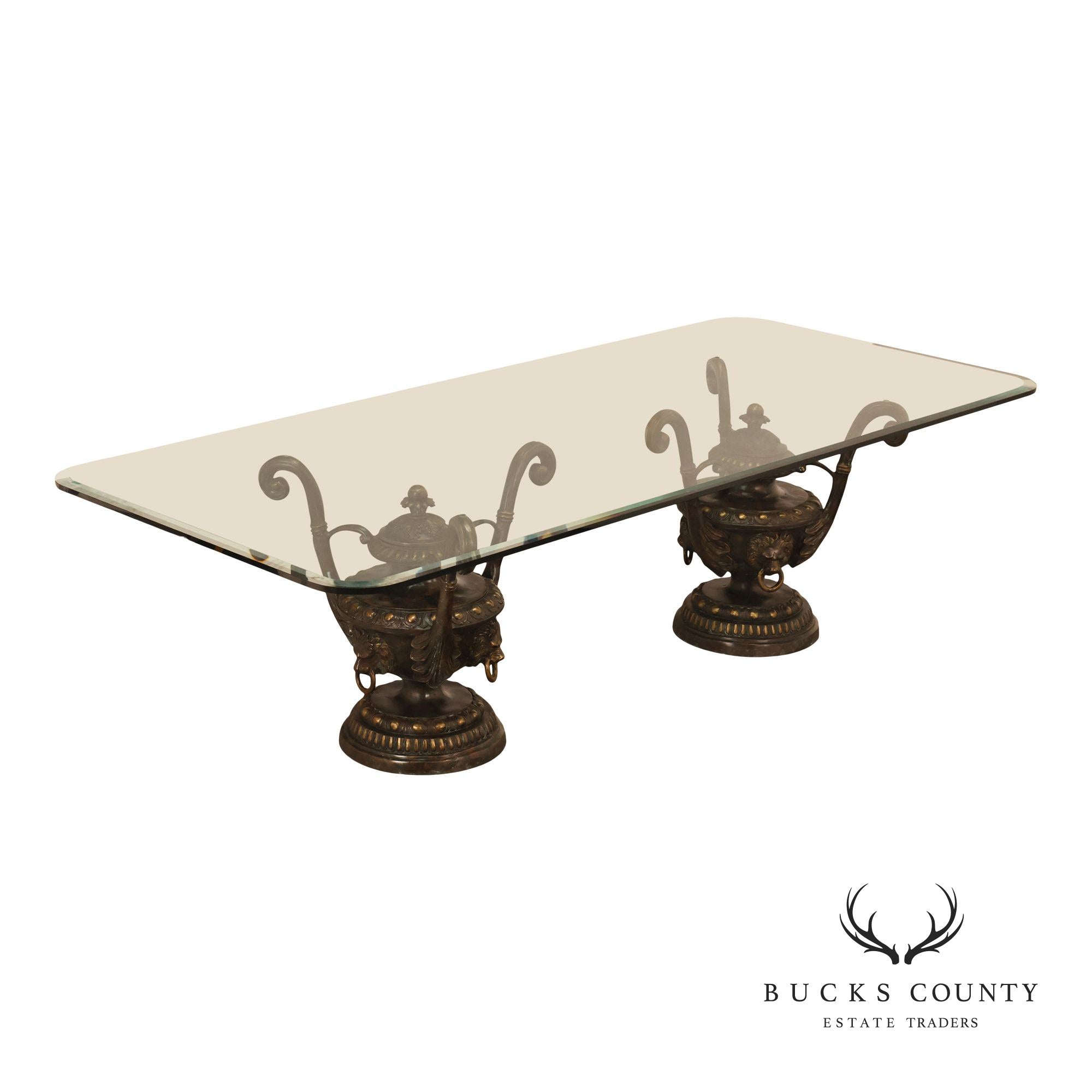 Monumental Brass Urn Form  Double Pedestal Glass Top Dining Table