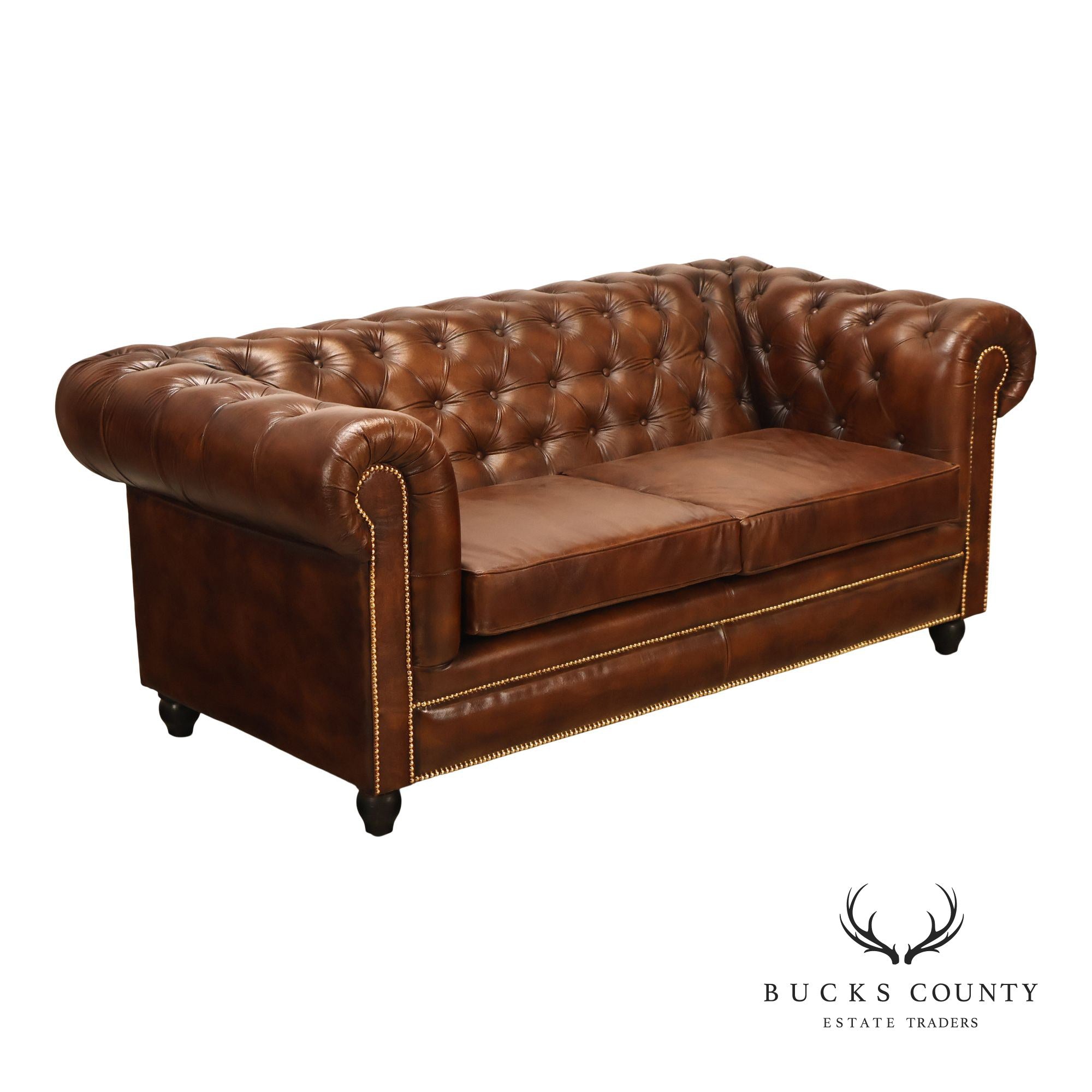 Chesterfield Style 6 Foot Cognac Brown Tufted Leather Sofa