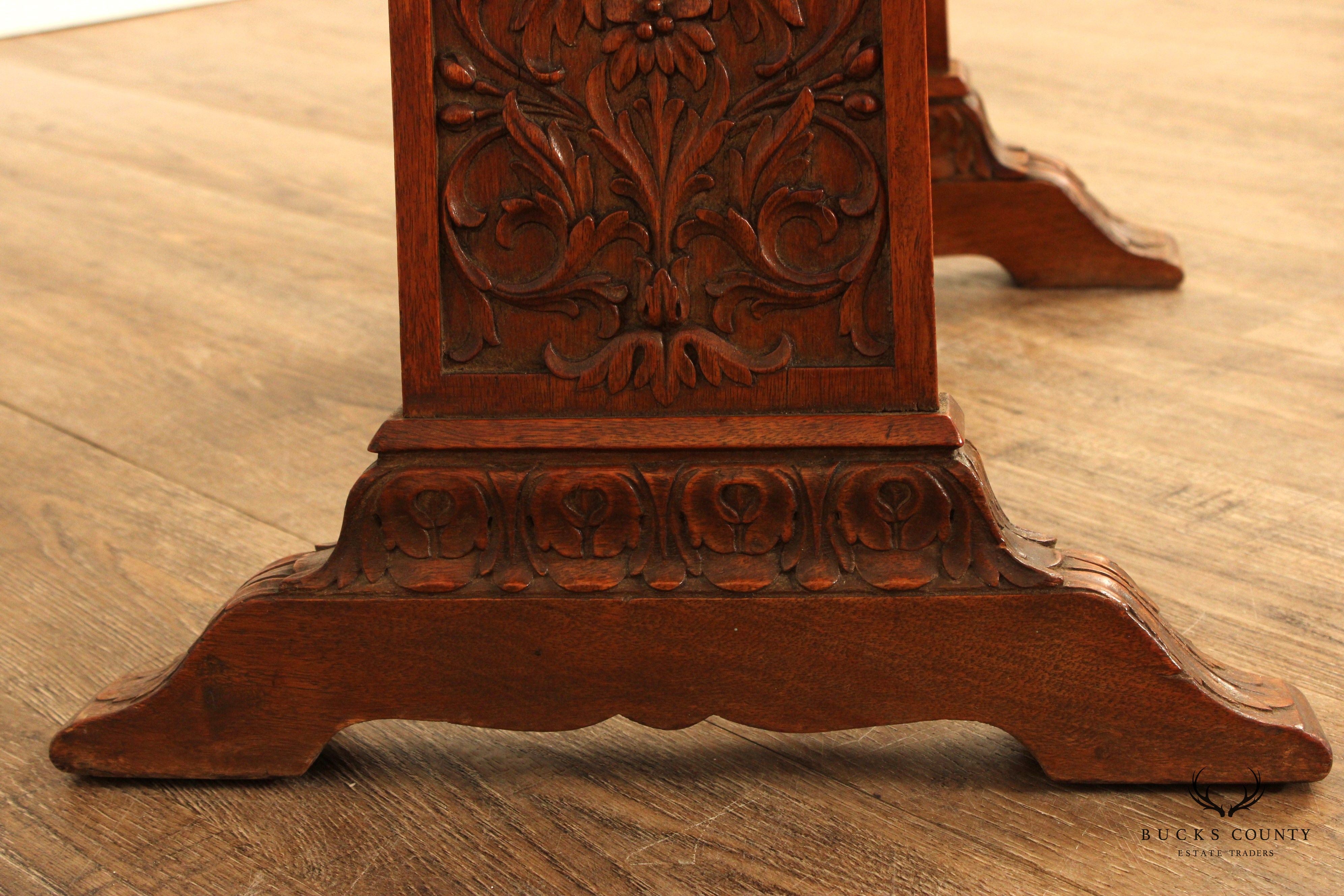 Antique Spanish Revival Carved Oak And Forged Iron Trestle Side Table
