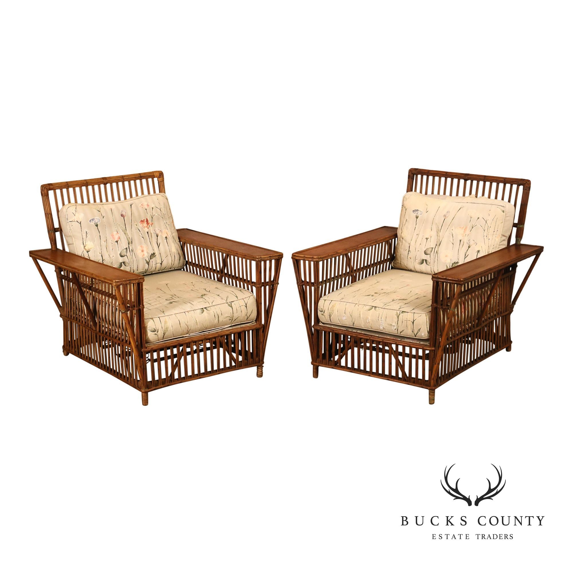 Antique Pair Of Split Reed Rattan Lounge Chairs
