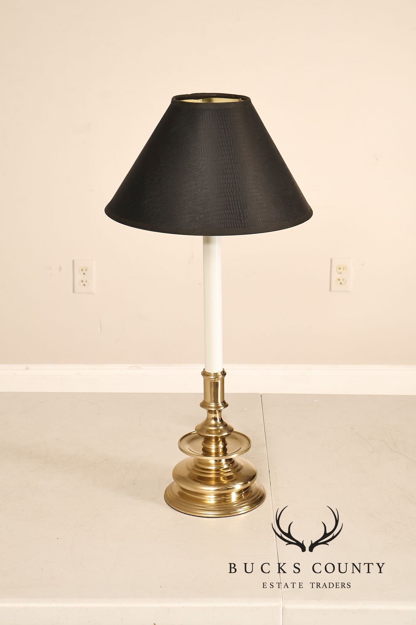 Pair of Brass Candlestick Style Table Lamps with Black Faux Alligator Shades