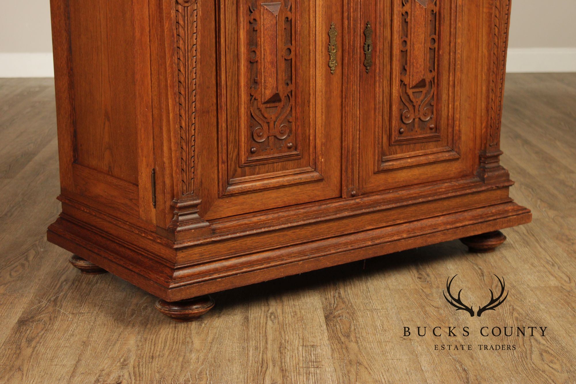 Antique German Renaissance Revival Carved Oak Marble Top Cabinet