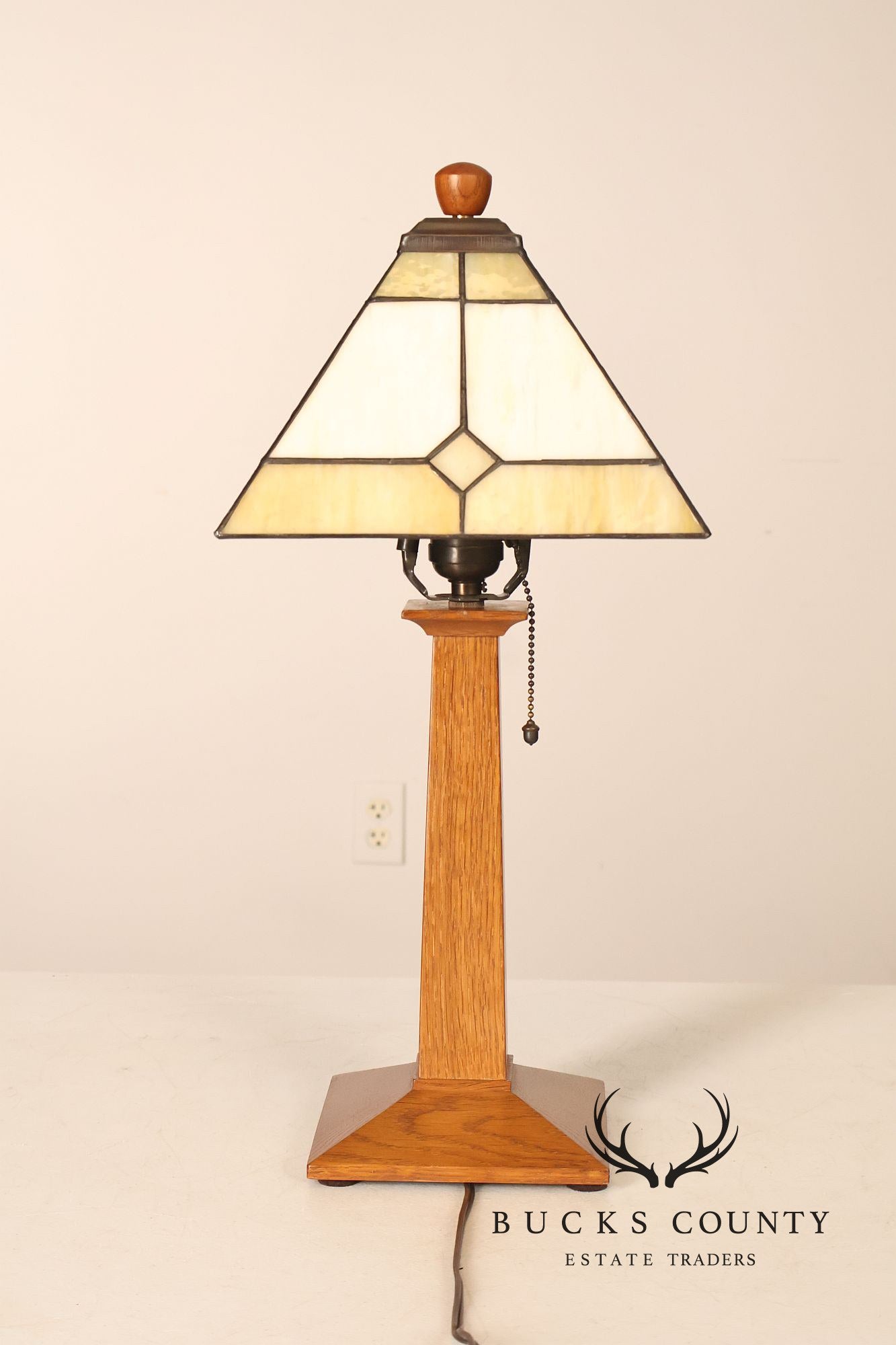 Stickley Mission Collection Oak Table Lamp with Art Glass Shade