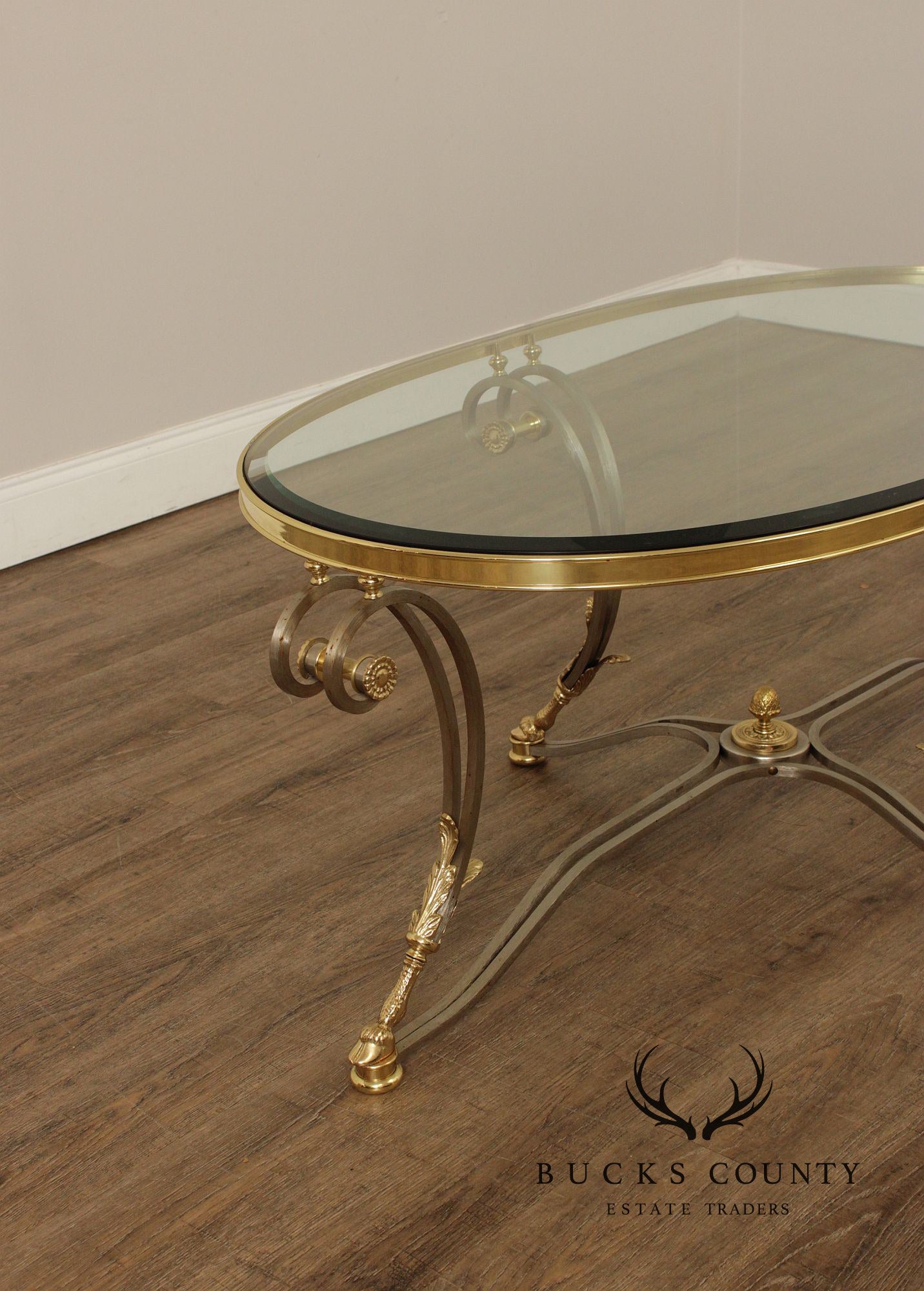 Neoclassical Style Oval Glass Top Coffee Table