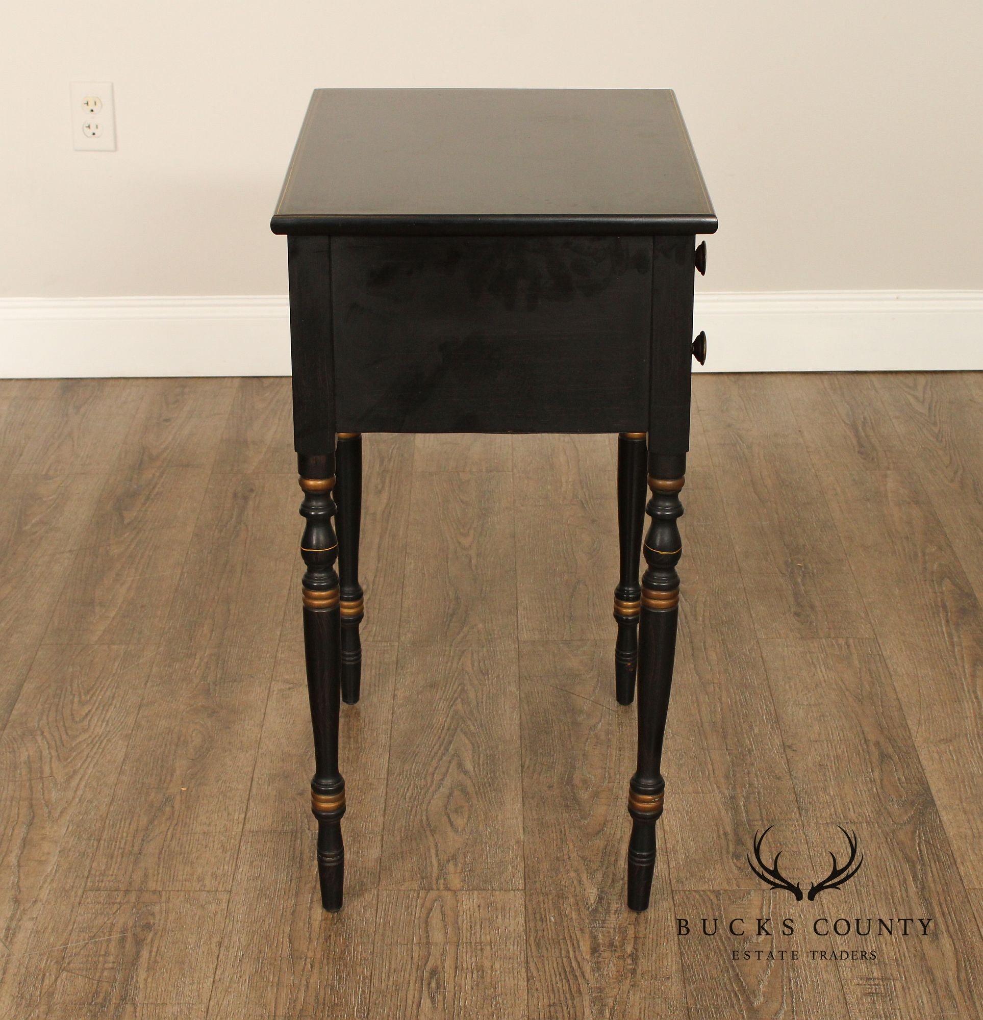 L. Hitchcock Vintage Black and Gilt Painted Two-Drawer Nightstand