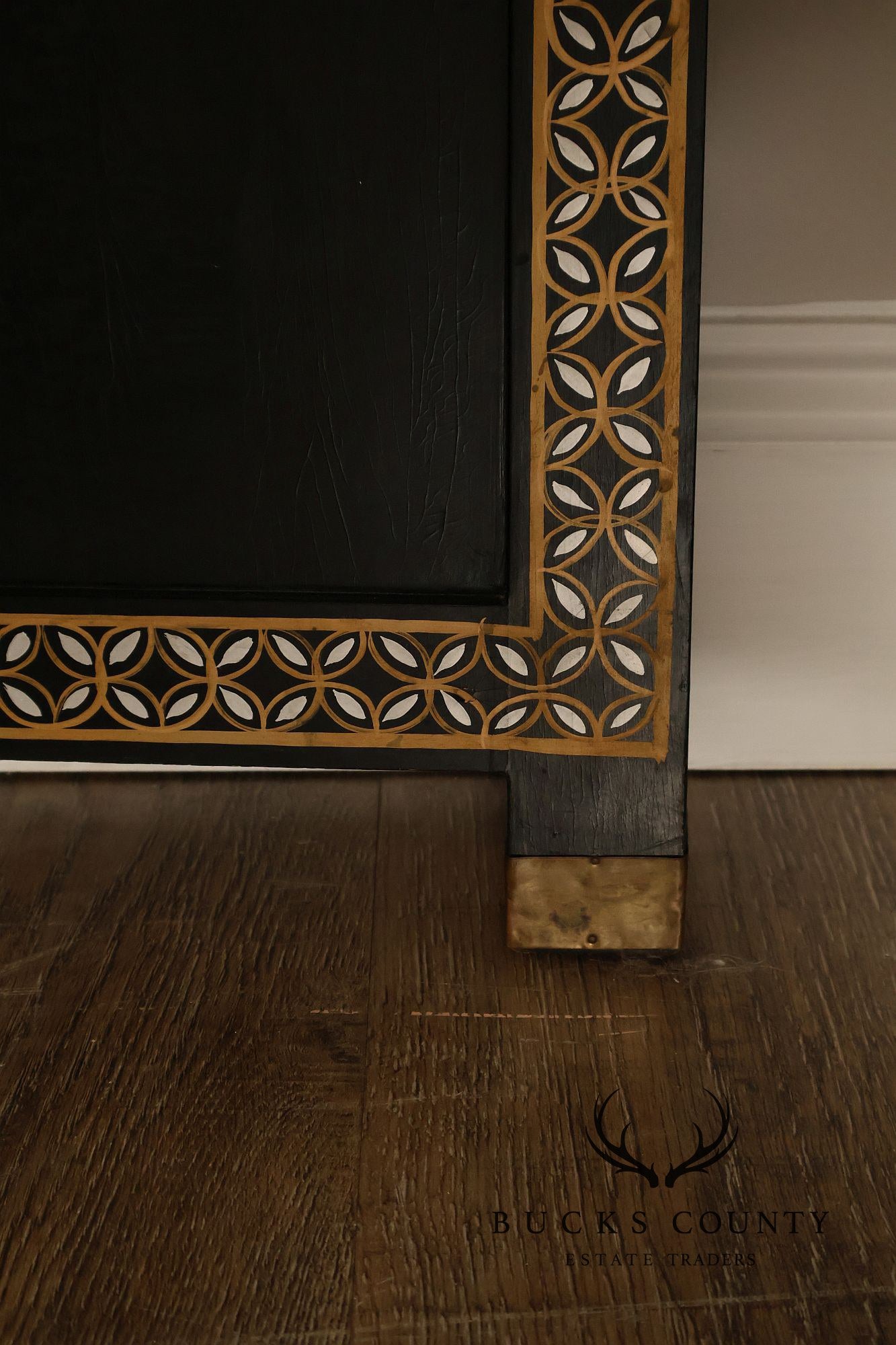 Asian Black Lacquer Vintage Pair Of Four Panel Folding Screens With Mother Of Pearl Inlay