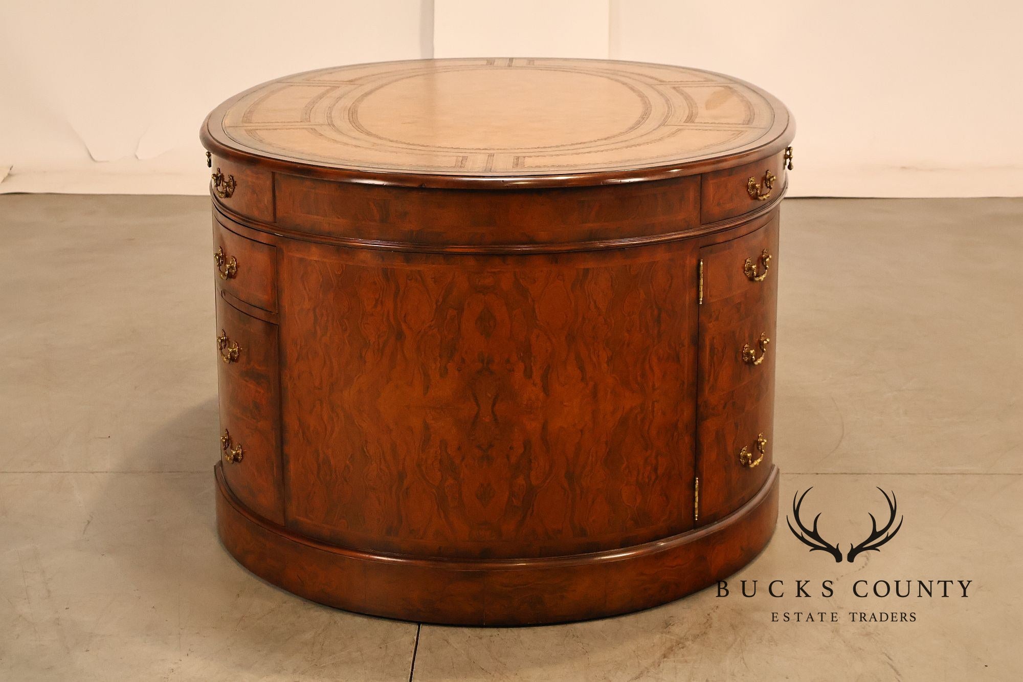 Maitland-Smith Oval Burl Wood Leather Top Partner Desk with Brass Hardware