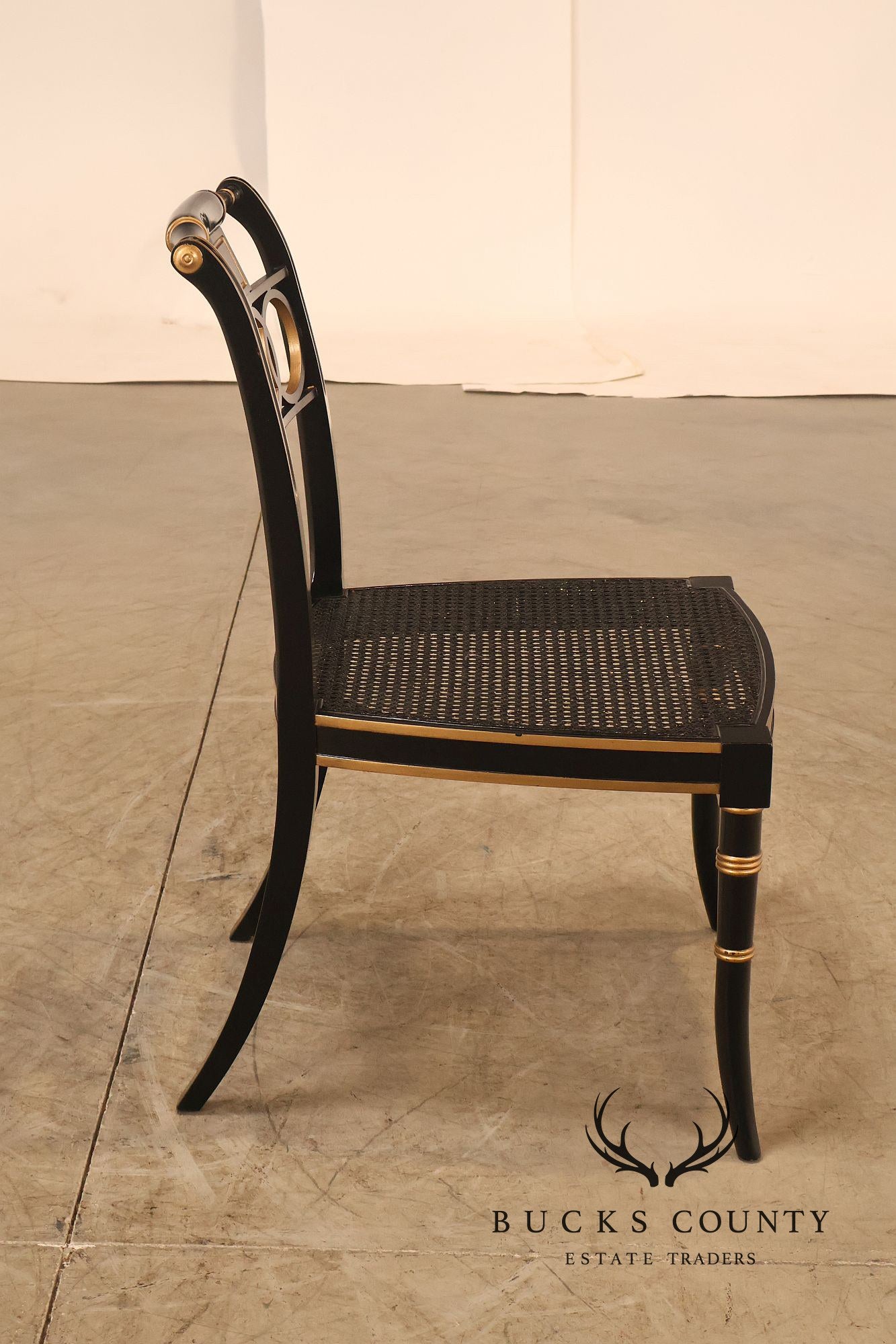 Baker Regency Style Pair of Ebonized and Partial Gilt Side Chairs