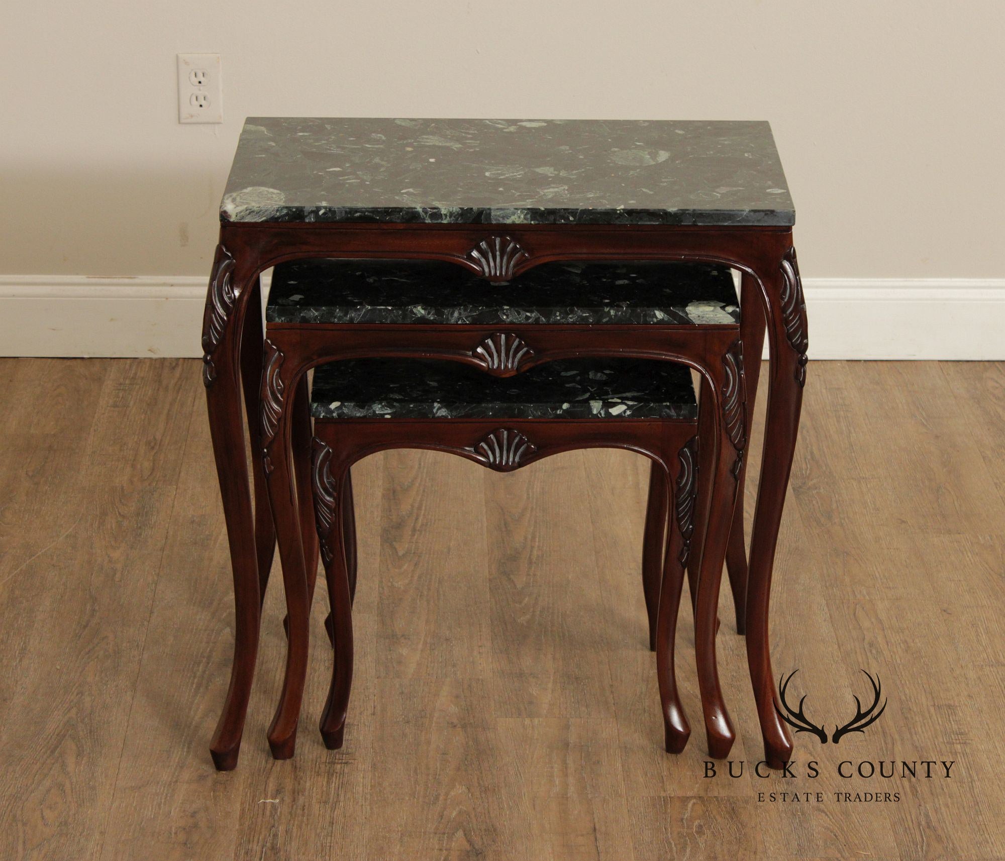 Rococo Style Set of Three Marble Top Mahogany Nesting Tables