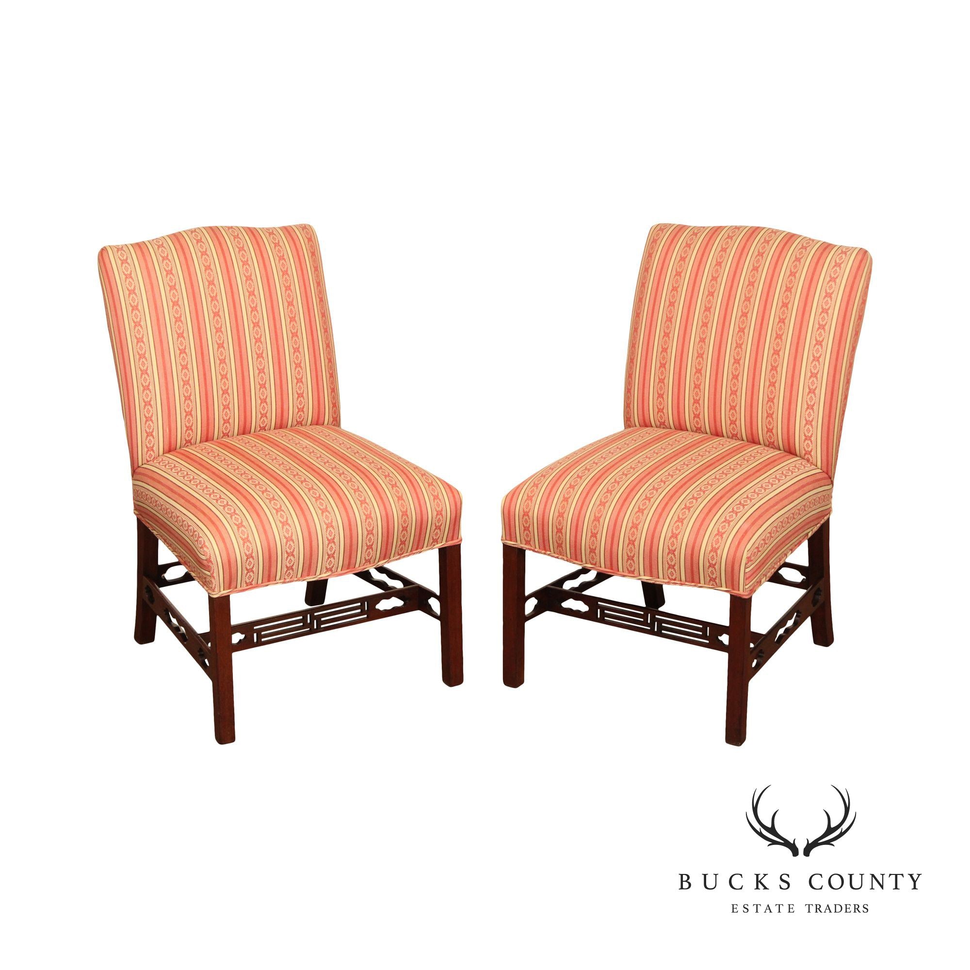 Chippendale Style Custom Upholstered Pair Of Mahogany Side Chairs