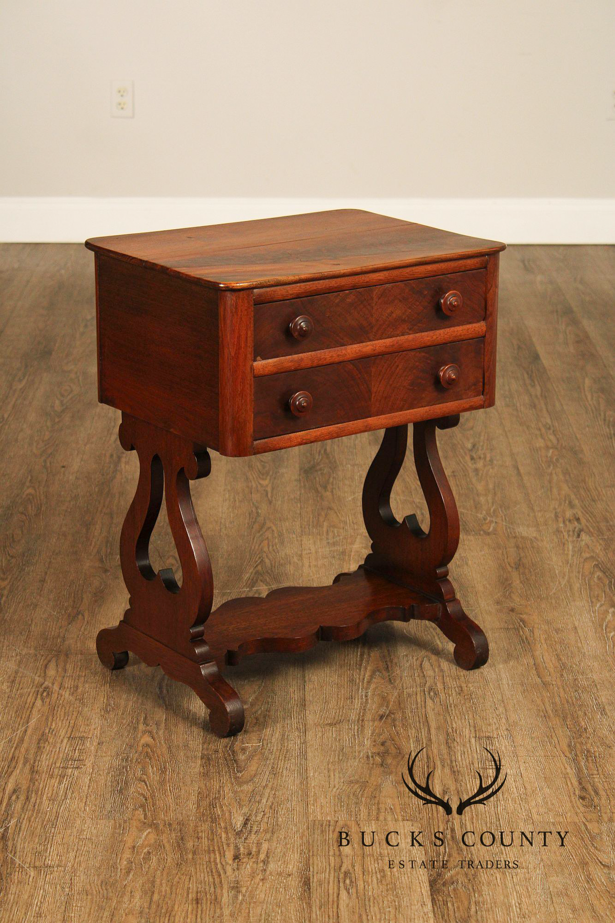 Antique American Empire Mahogany Lyre Form Two-Drawer Work Table