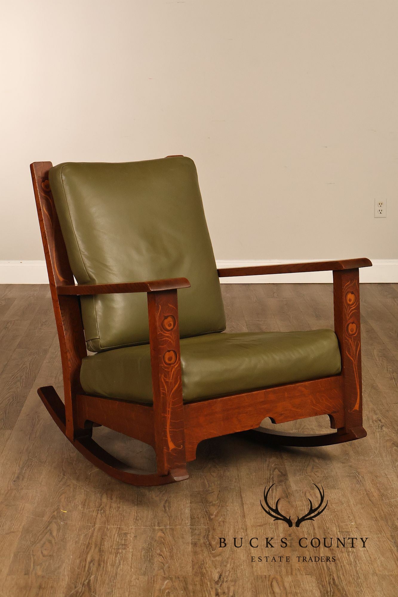 Early Rare Antique Stickley Brothers Arts And Crafts Inlaid Peacock Rocking Chair