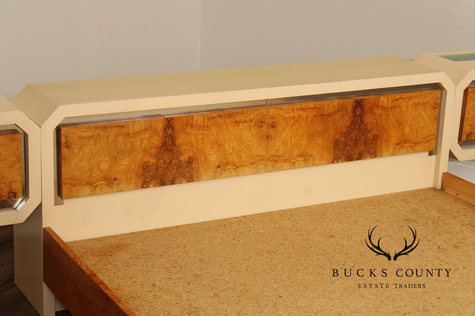 Pace Collection Mid Century Modern Burlwood Queen Size Platform Bed With Floating Headboard And Nightstands