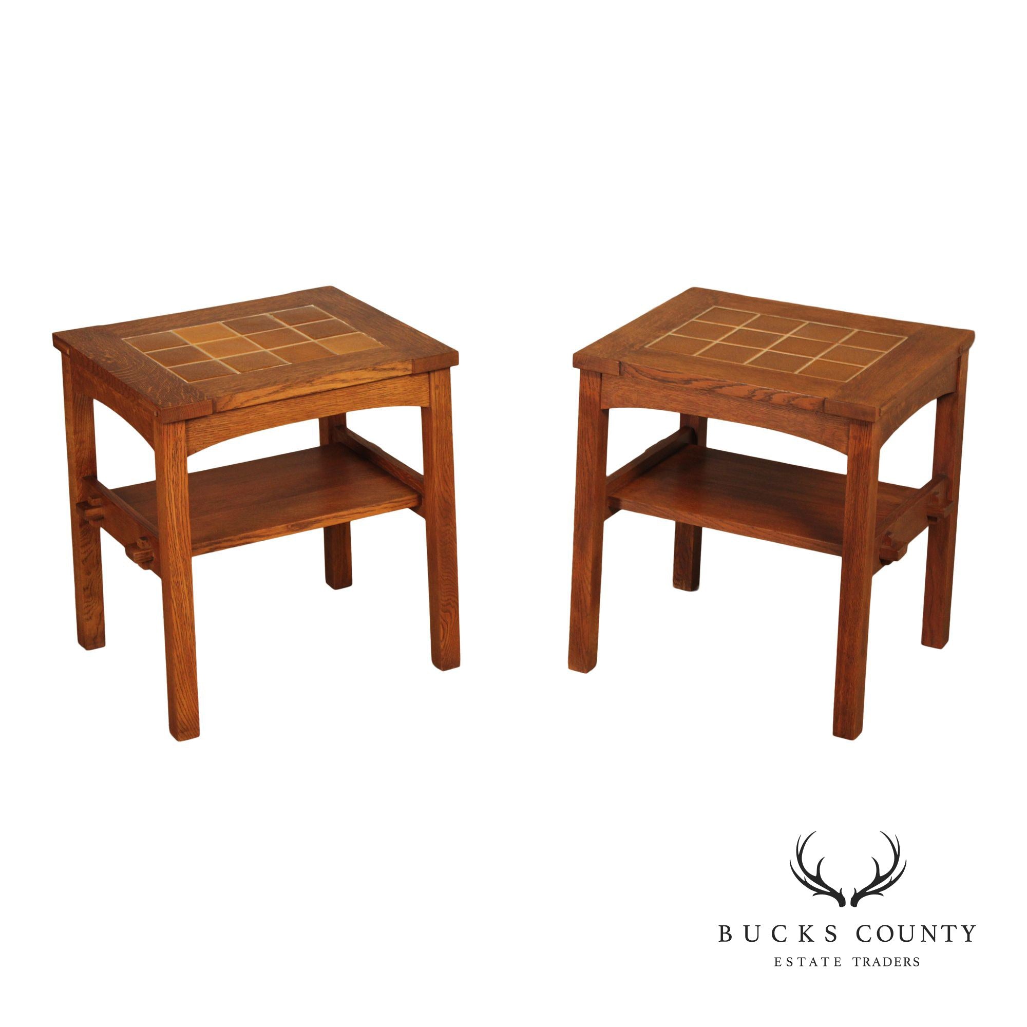 Stickley Mission Collection Pair Of Oak Tile Top End Tables