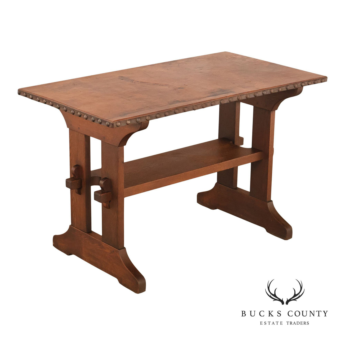 Rare Narrow Antique Gustav Stickley Mission Oak Leather Top Trestle Table