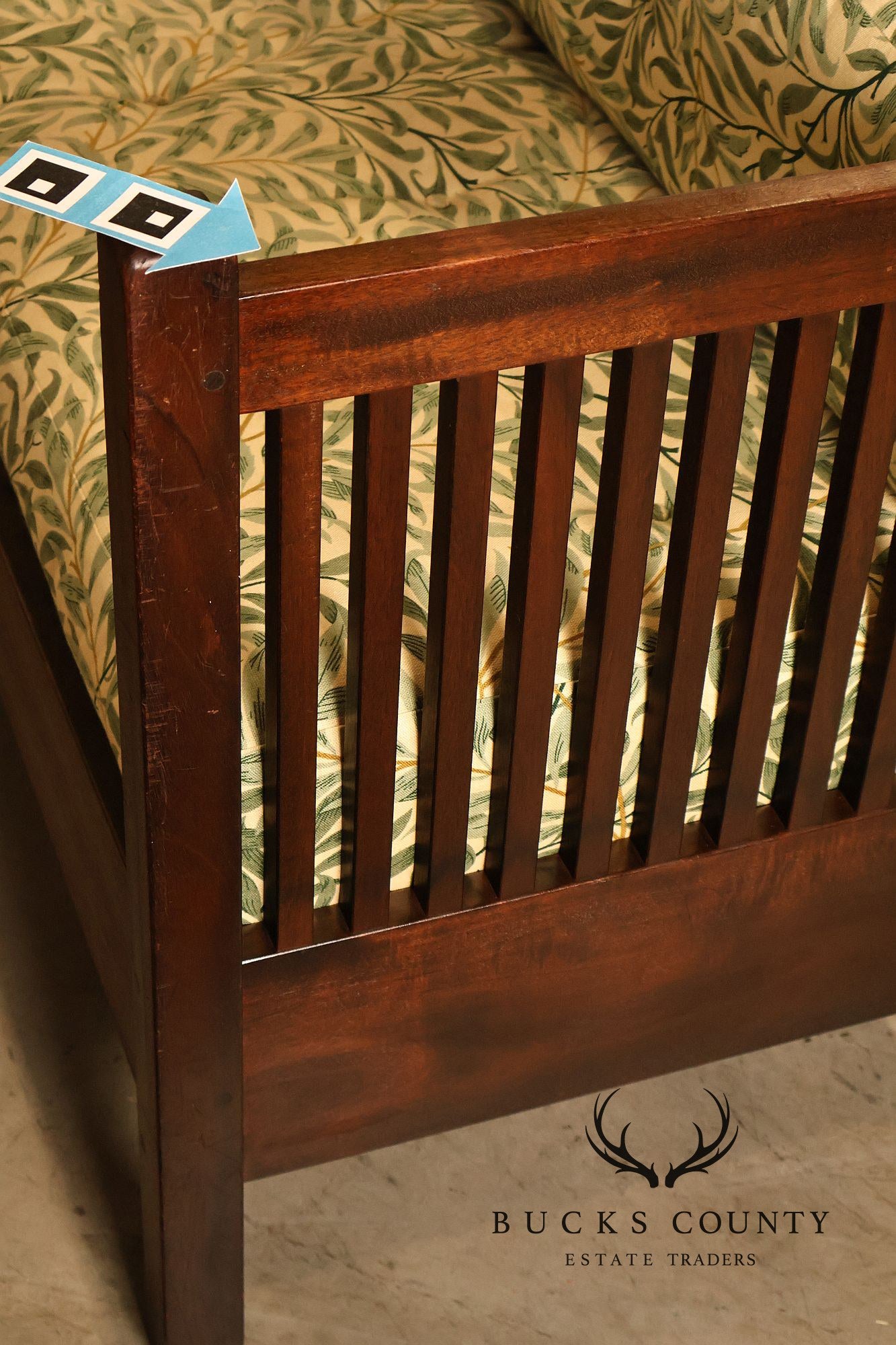 Mission Style Mahogany Spindle Settle With Botanical Upholstery