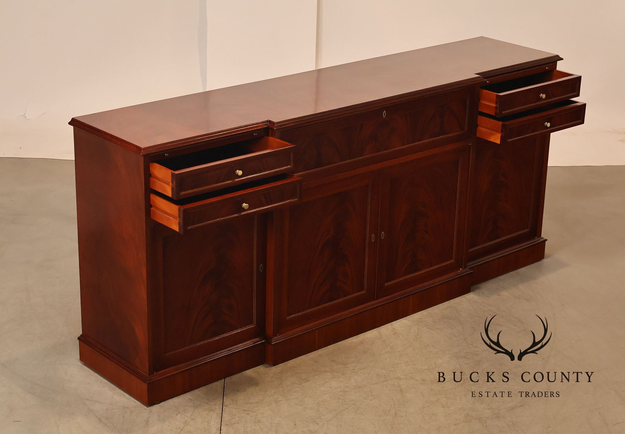 Flame Mahogany Breakfront Buffet Sideboard with Drop Front Secretary Desk