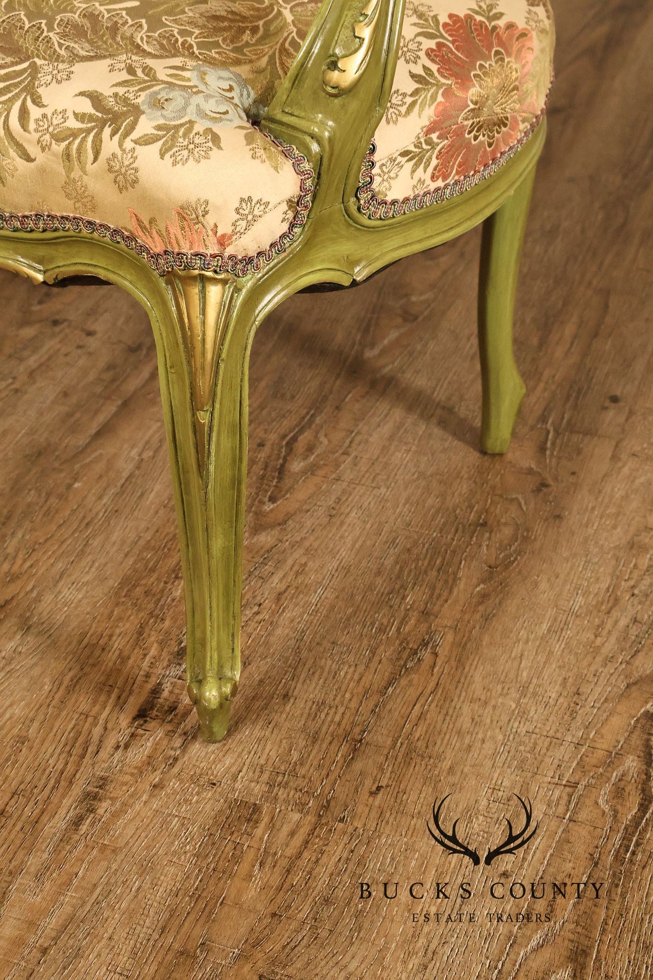 Vintage Louis XV Style Green Painted Floral Upholstered Armchair