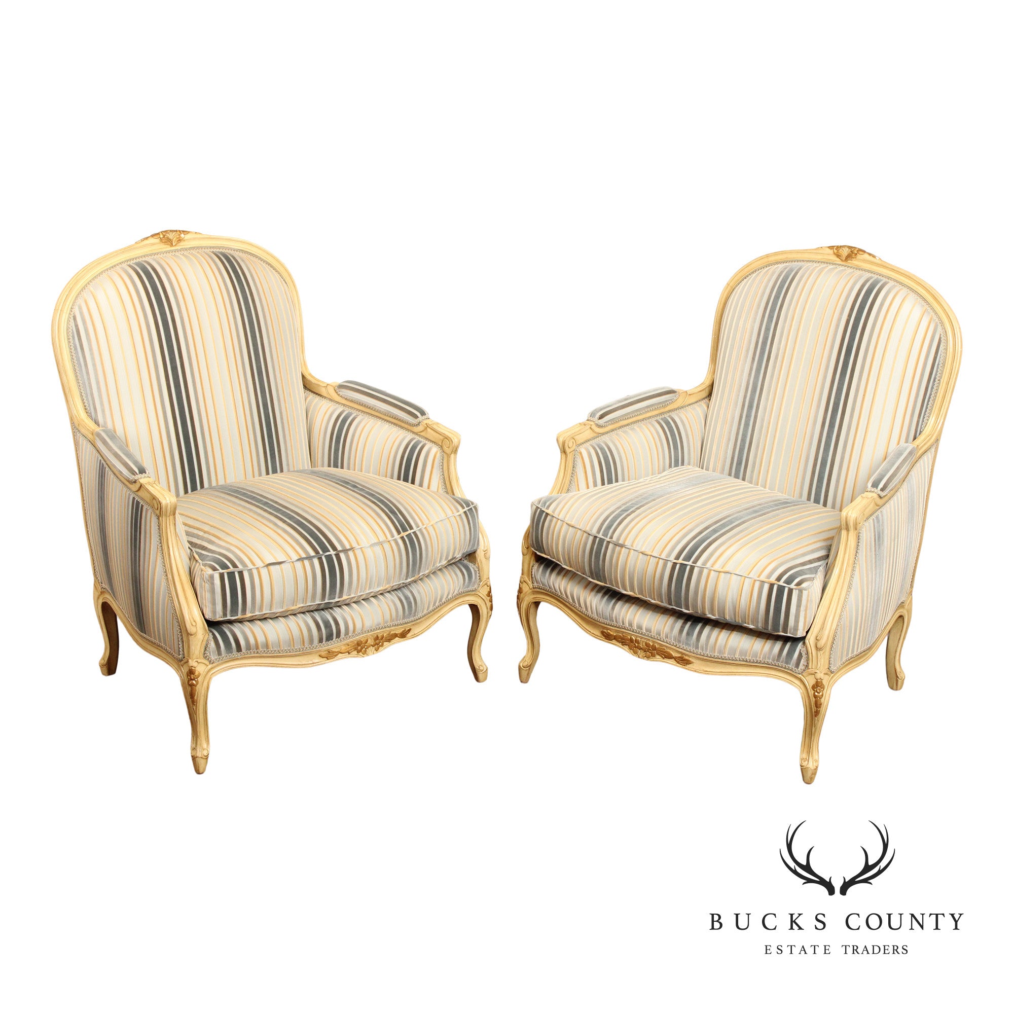 French Louis XV Style Pair of Cream Painted Custom Bergere Armchairs