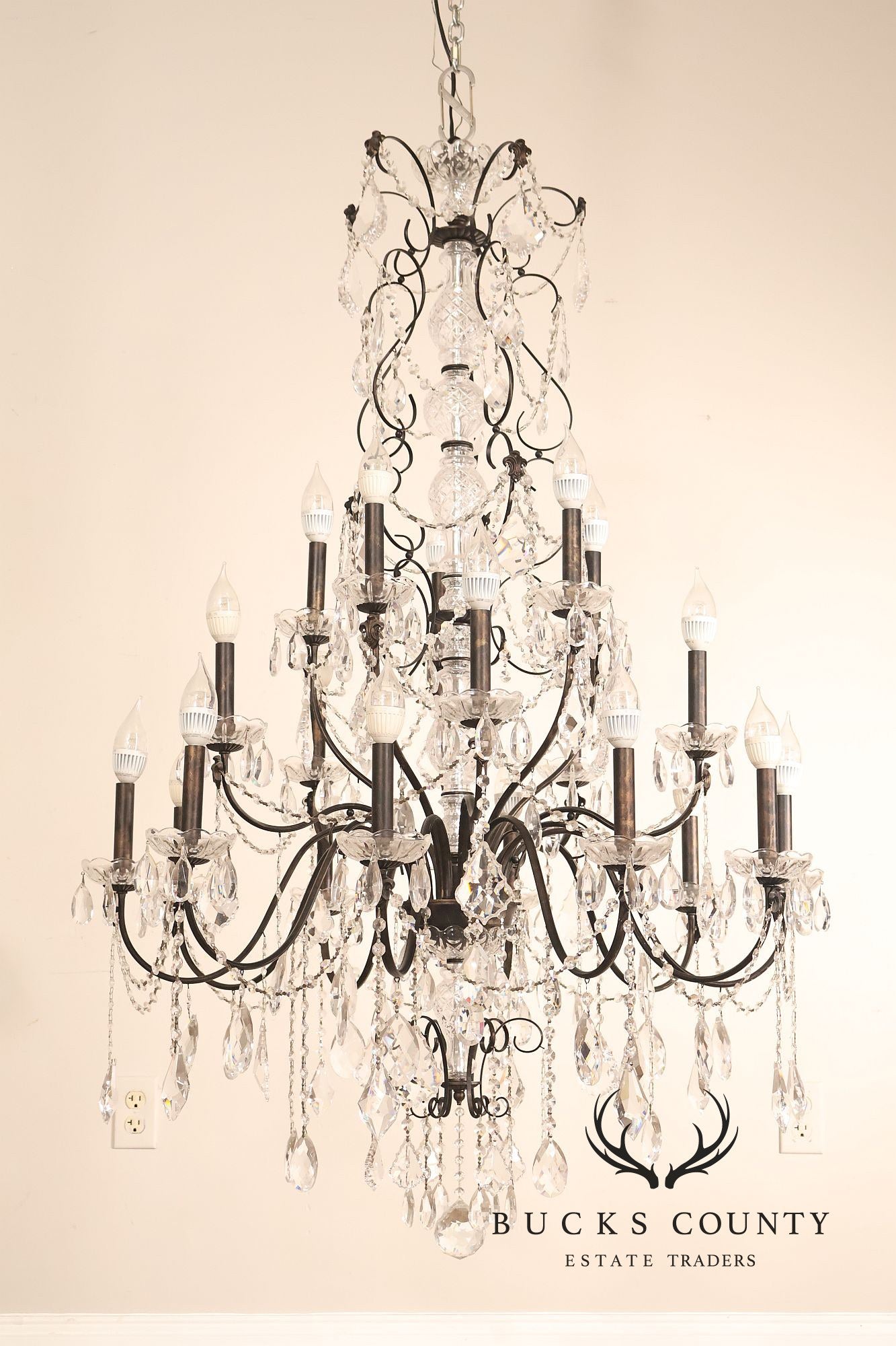 Large Twenty-Light Crystal And Wrought Iron 55" Chandelier
