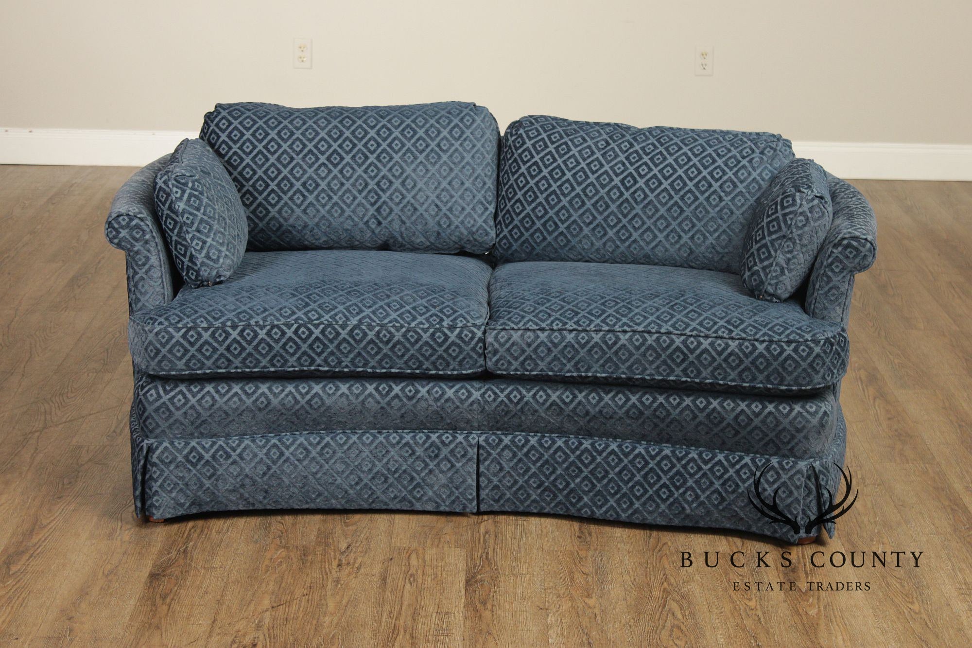 Custom Upholstered Blue Diamond Pattern Curved Loveseat