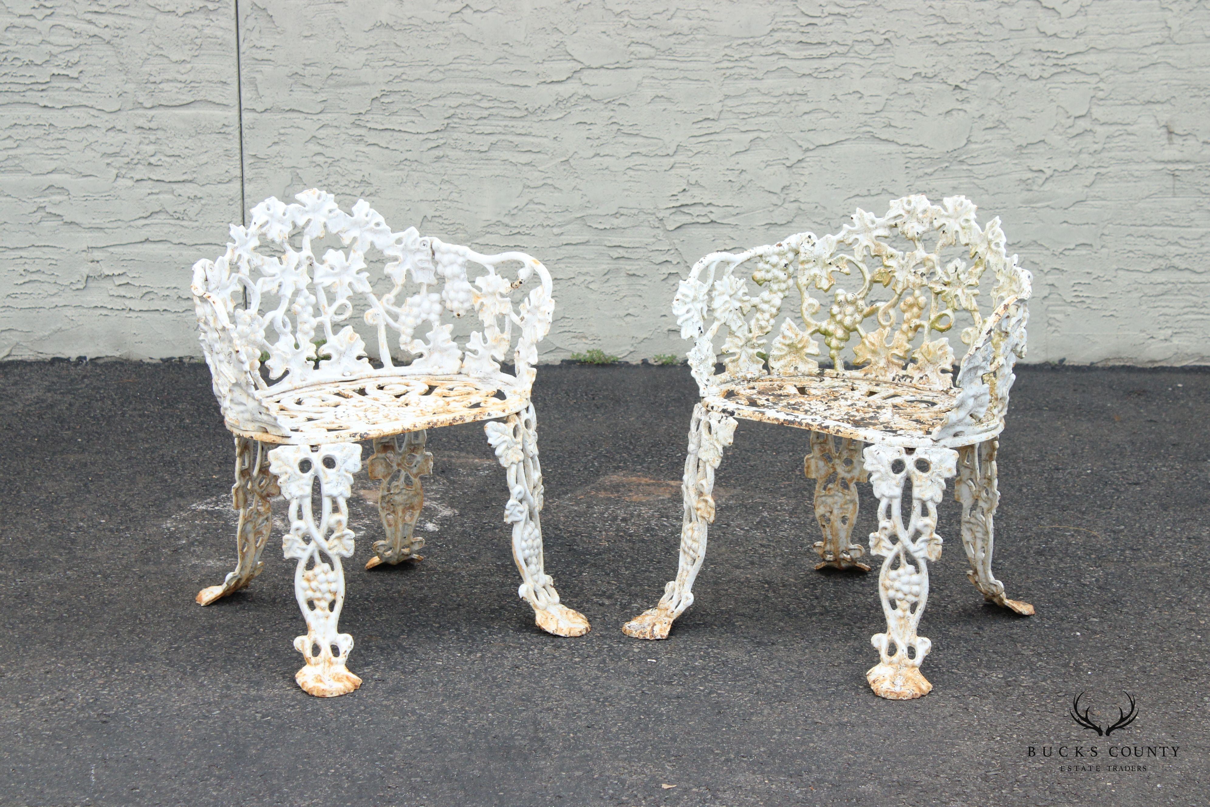 Victorian Style Pair Cast Iron Grapevine Leaves Garden Chairs