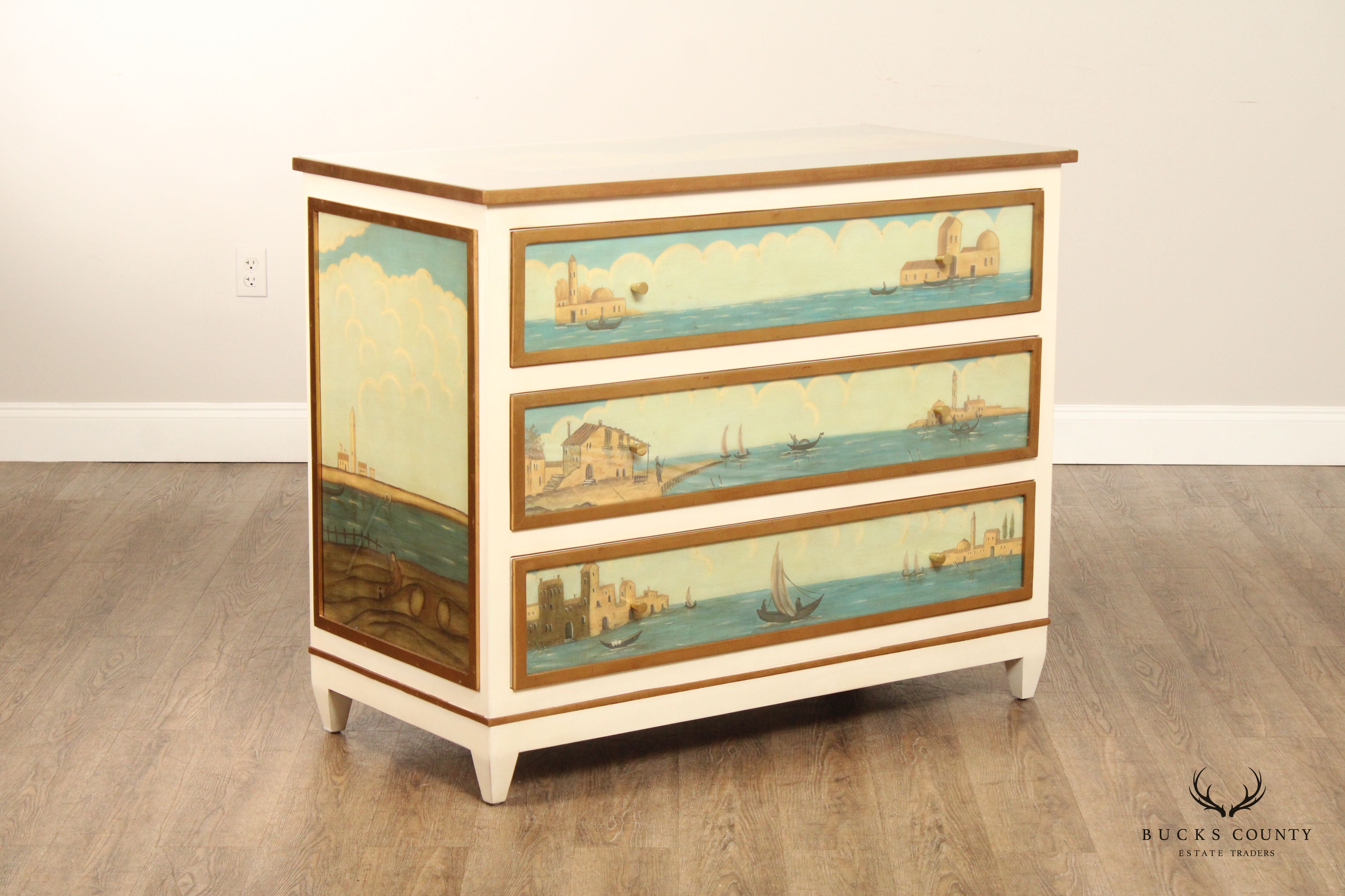 Modern History Hand Painted Venetian Three Drawer Chest Commode