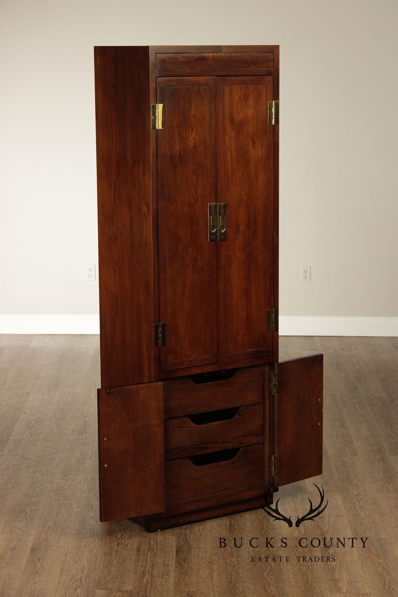 Henredon 'Scene One' Pair of Campaign Style Bedroom Armoire Cabinets