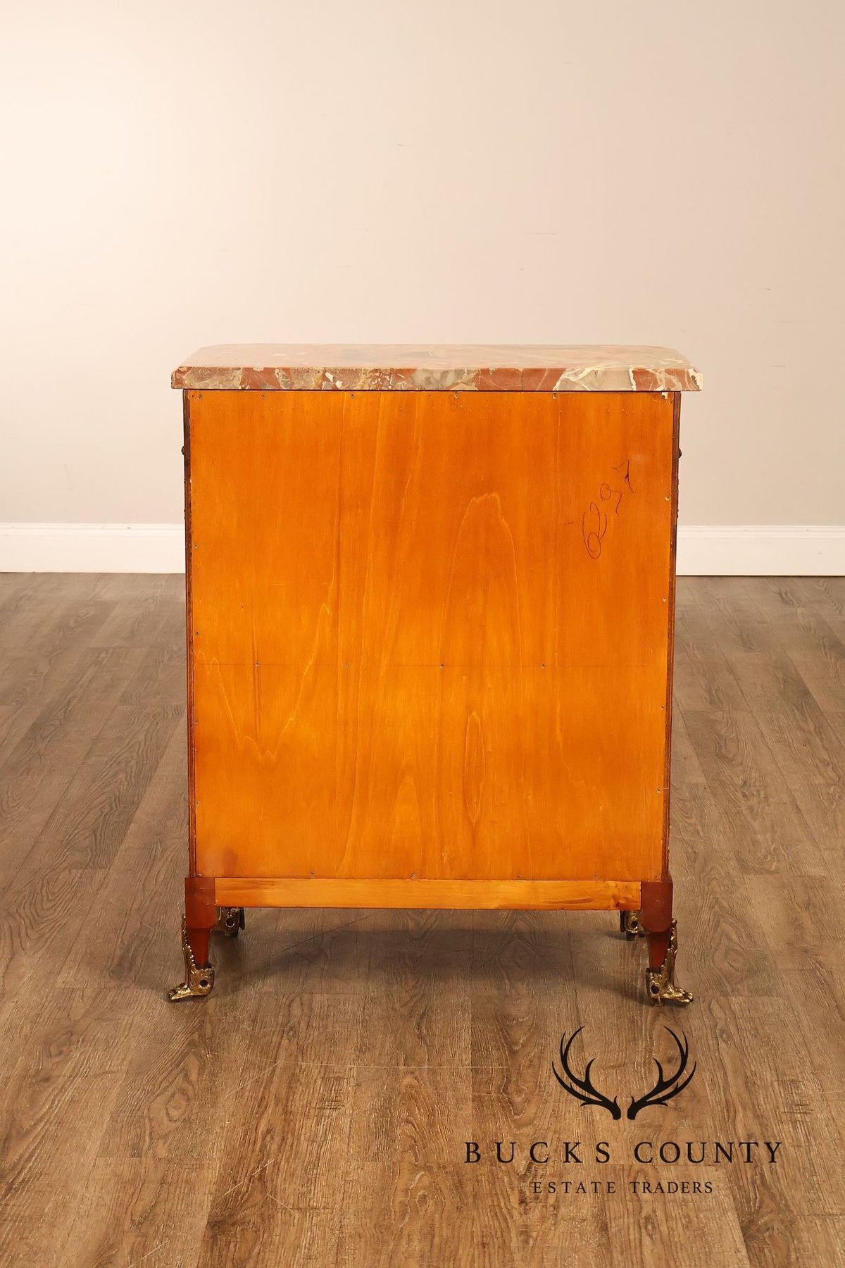 Louis XVI Style Marble Top Marquetry And Bronze Mounted Cabinet