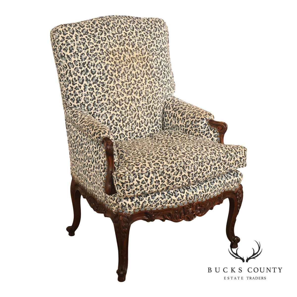 Vintage French Louis XV Style Carved Wood Leopard Upholstered Bergere Armchair