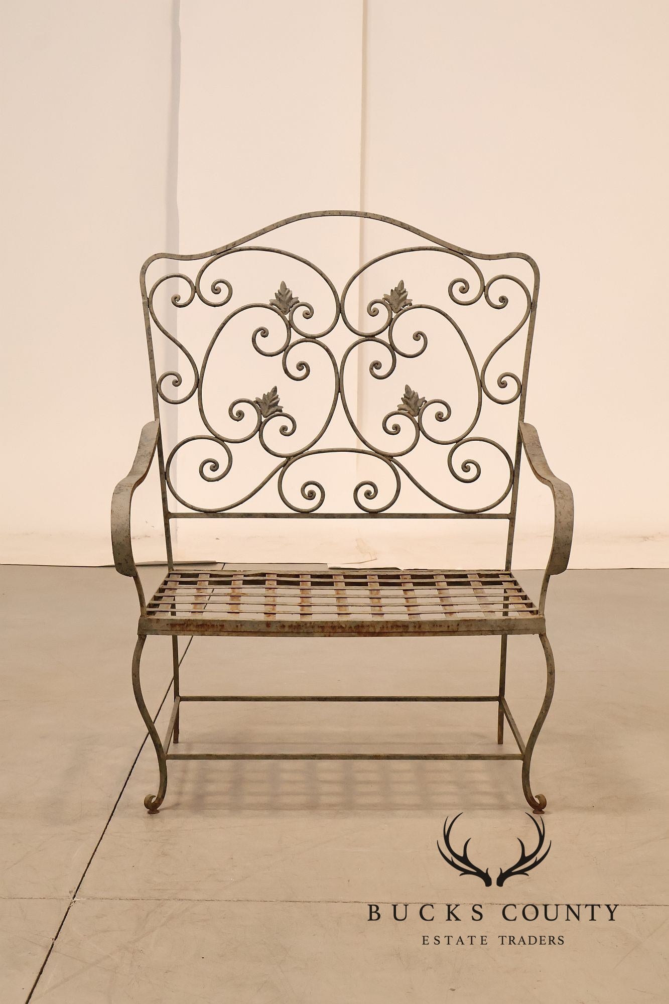 Vintage Wrought Iron Garden Bench With Scrollwork Back