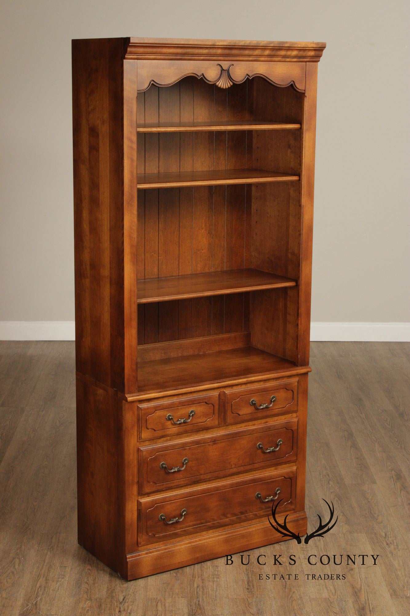 Ethan Allen French Country Tall Open Bookcase with Drawers