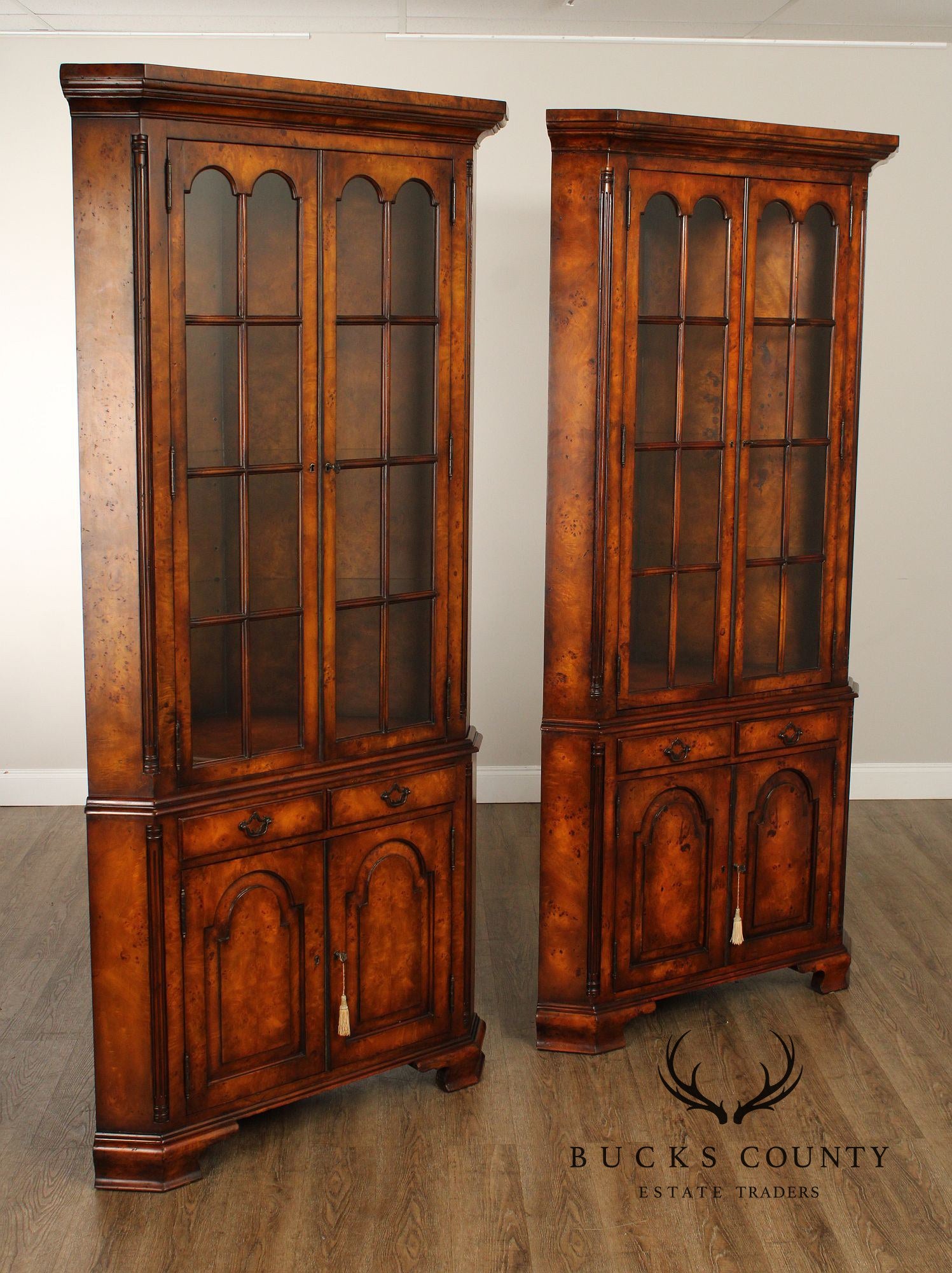 Theodore Alexander Georgian Style Pair of Burlwood Corner Cabinets