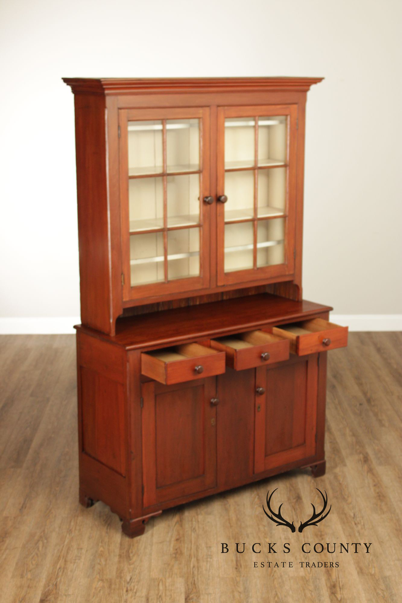 Antique American Cherry Dutch Cupboard Two Piece Hutch Cabinet