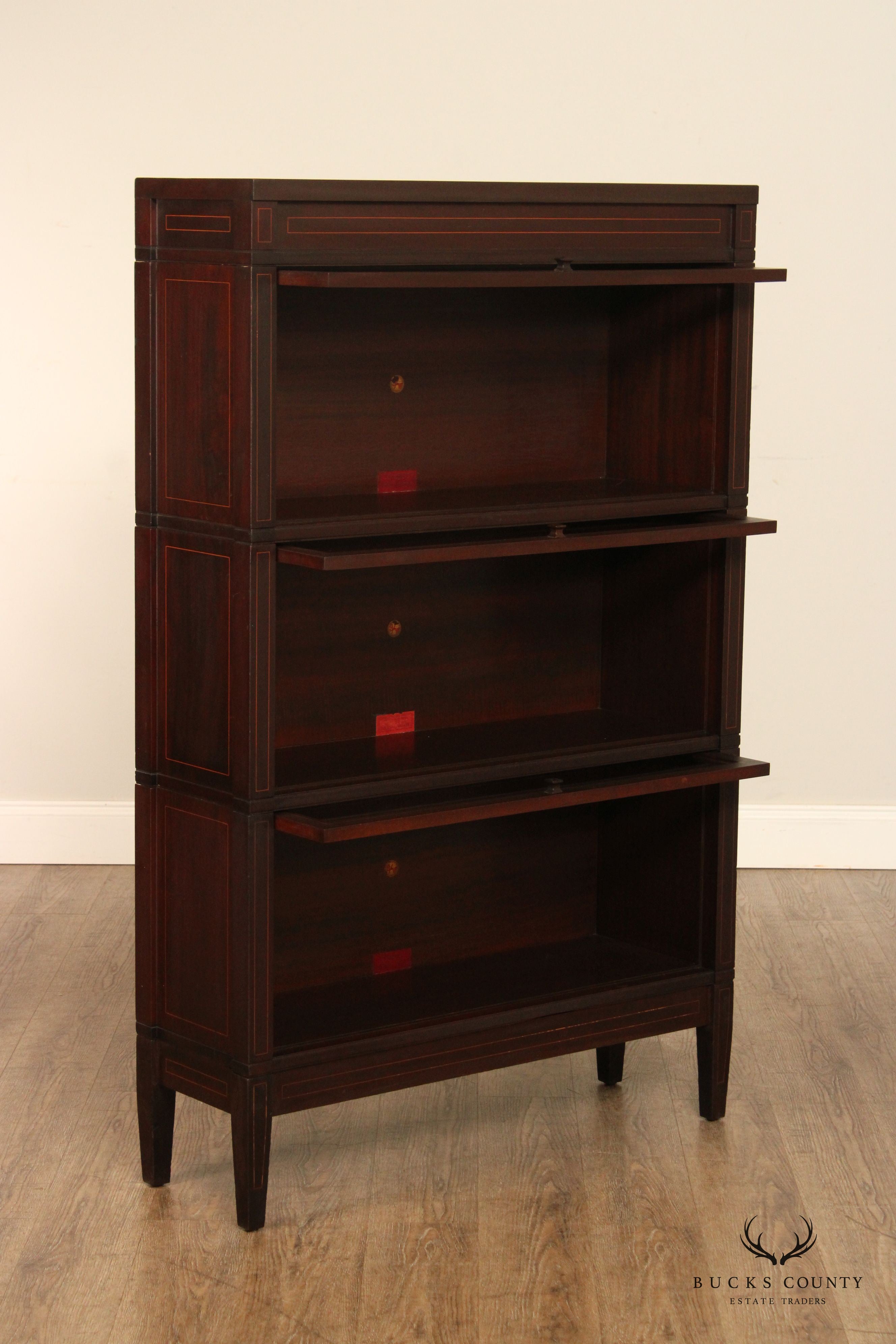 Globe Wernicke Antique Sheraton Style Three Stack Inlaid Mahogany Barrister Bookcase