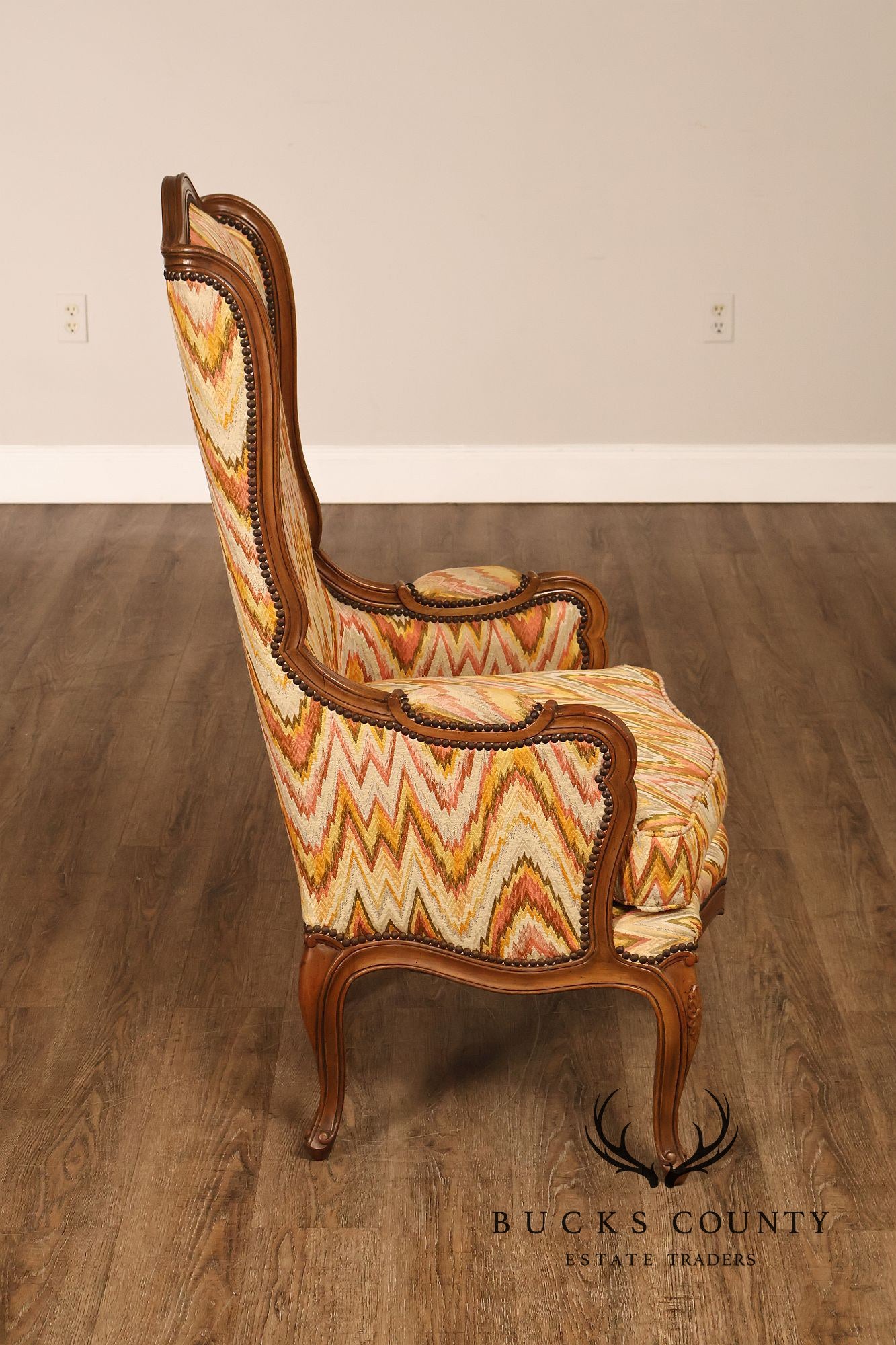 Baker Furniture French Style High Back Upholstered Wingback Armchair with Nailhead Trim