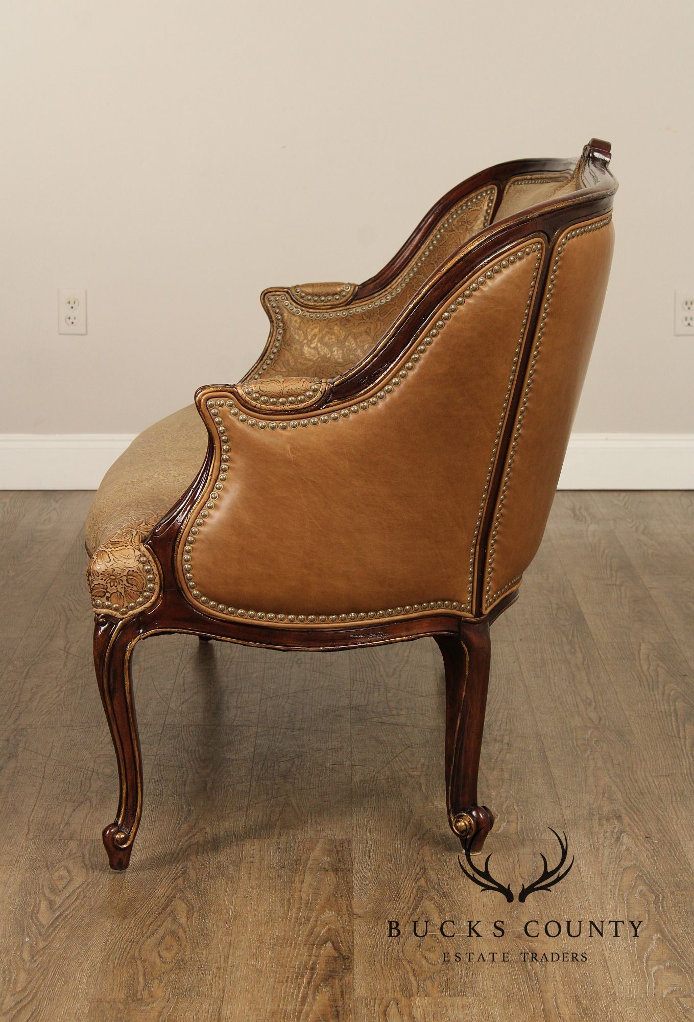 French Louis XV Style Mahogany And Embossed Leather Settee