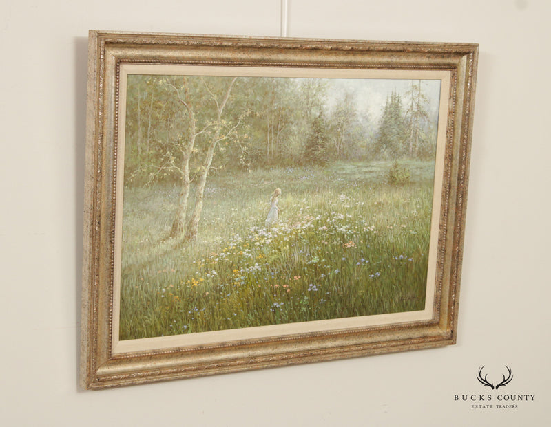 Hyun Bo Yoo 'Girl in Flower Field' Framed Oil Painting